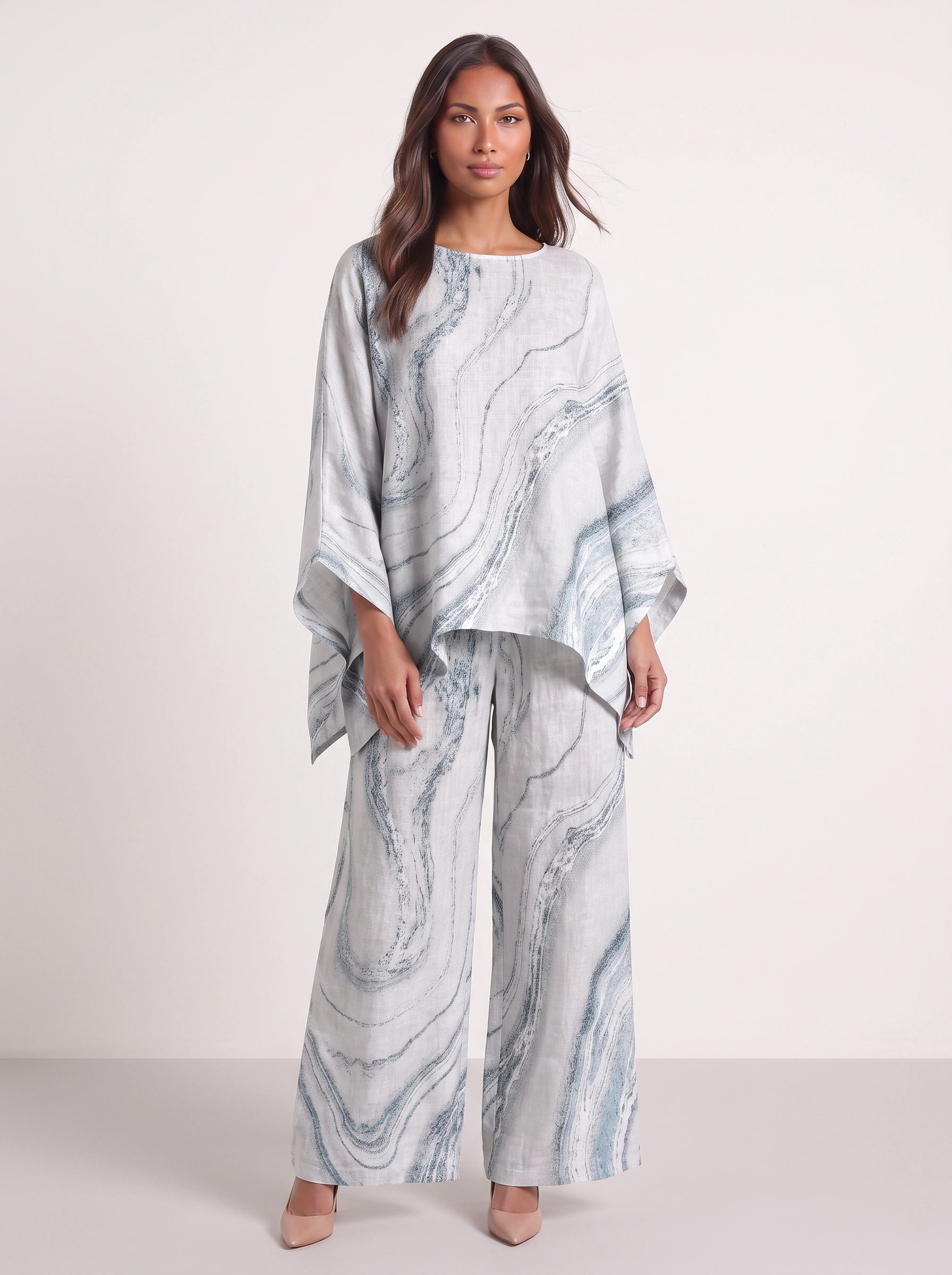 Mareis Oversized Tunic Wide-Leg Trouser Set – Women Printed Summer Lounge Co-Ord Boho Resort Two Piece Set