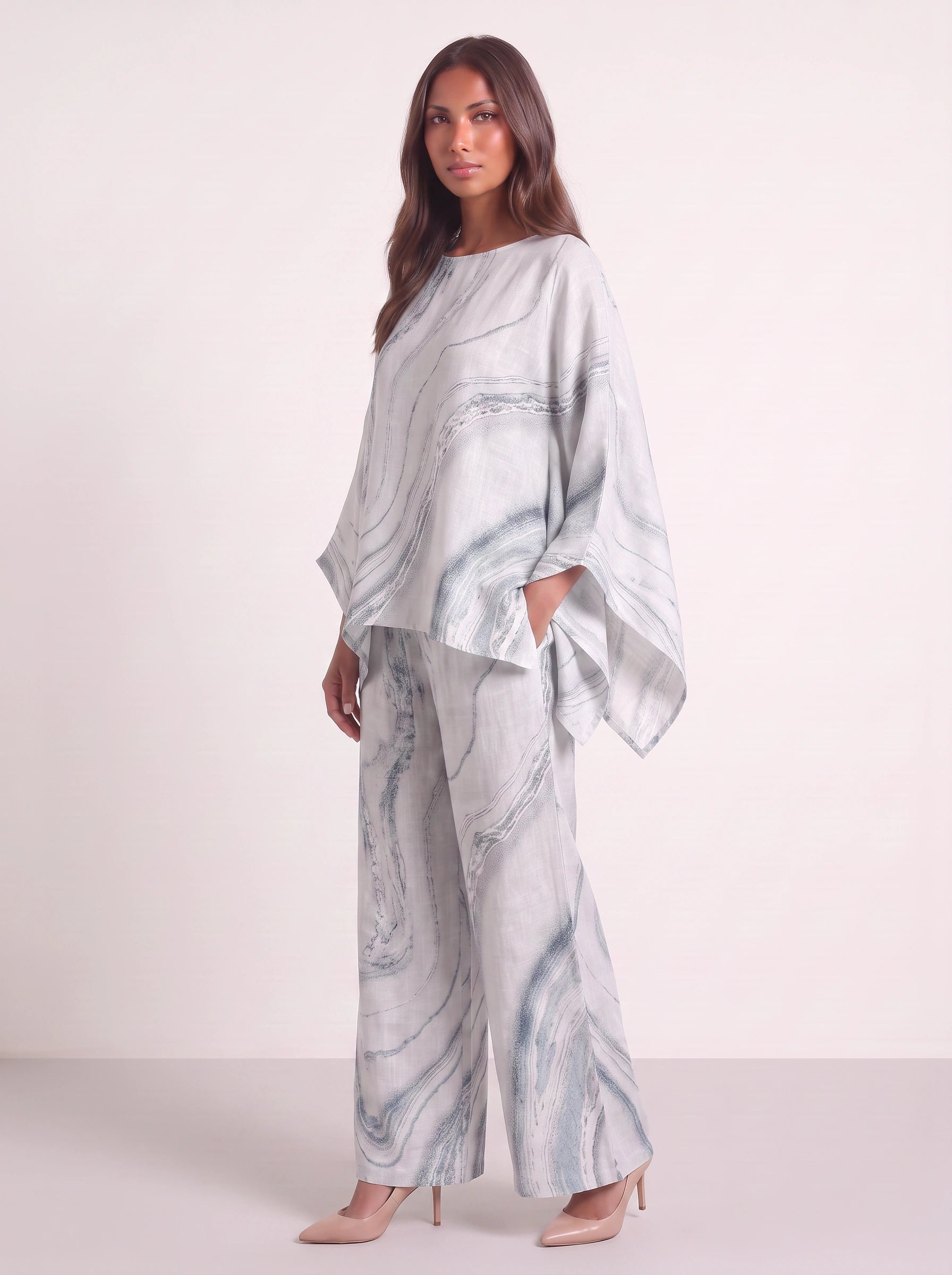 Mareis Oversized Tunic Wide-Leg Trouser Set – Women Printed Summer Lounge Co-Ord Boho Resort Two Piece Set