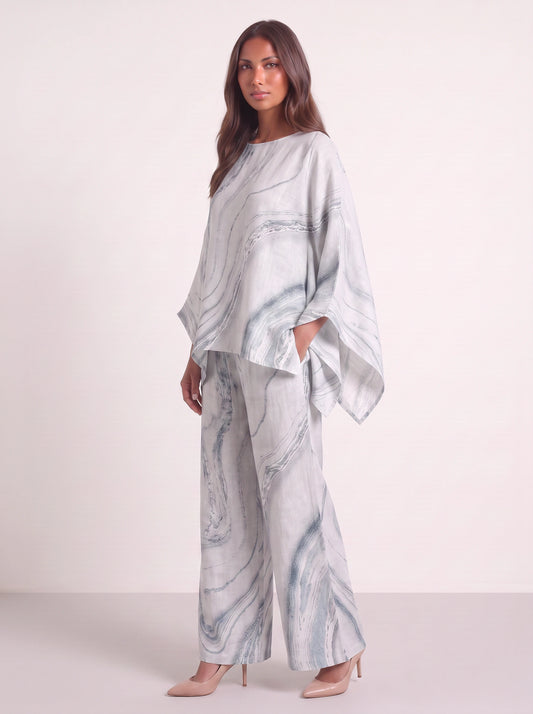 Mareis Oversized Tunic Wide-Leg Trouser Set – Women Printed Summer Lounge Co-Ord Boho Resort Two Piece Set