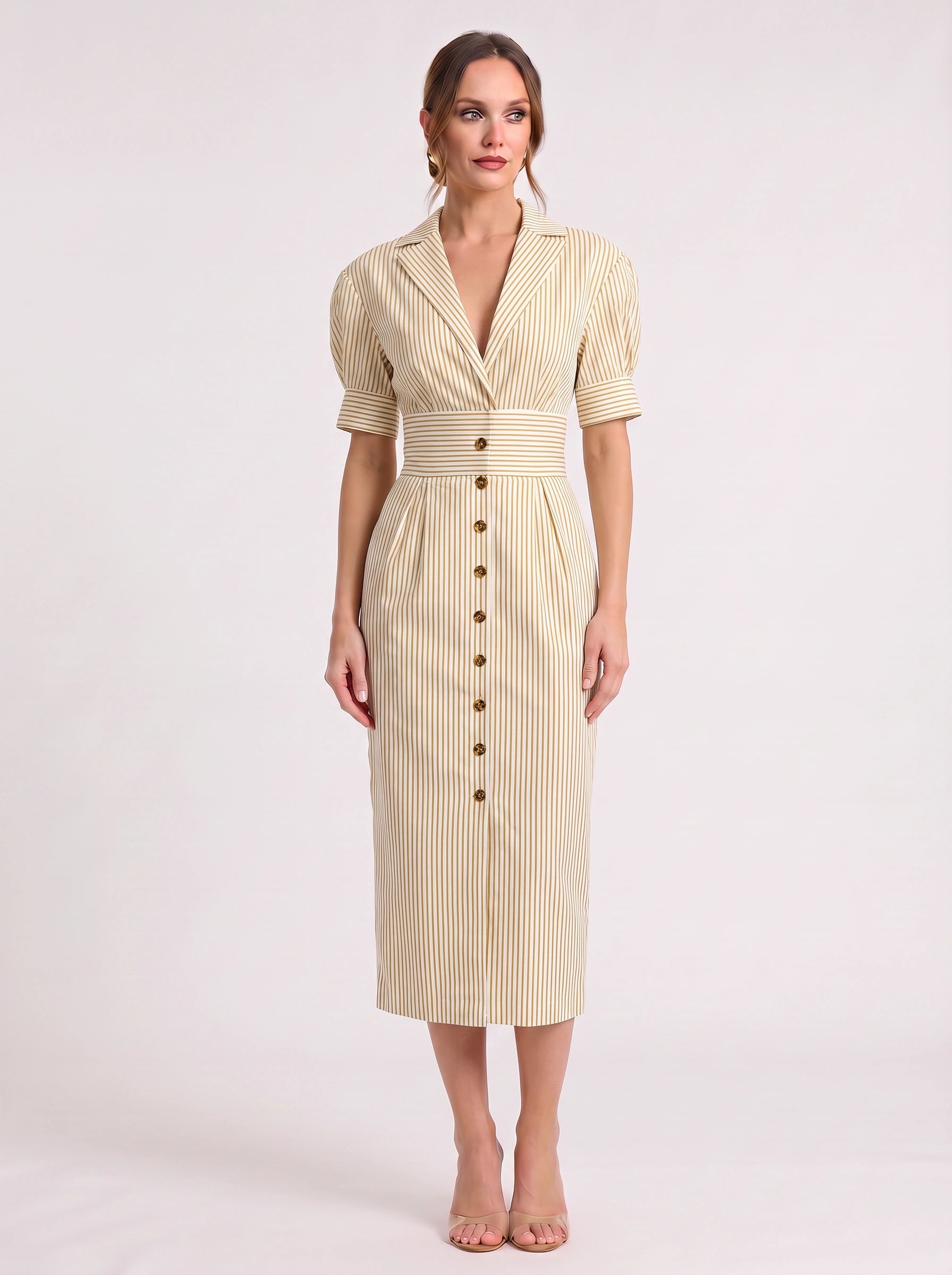 Rigatta Puff Sleeve Midi Dress – Striped Button Front Women Elegant Office Work Party Shirt Midi Dress