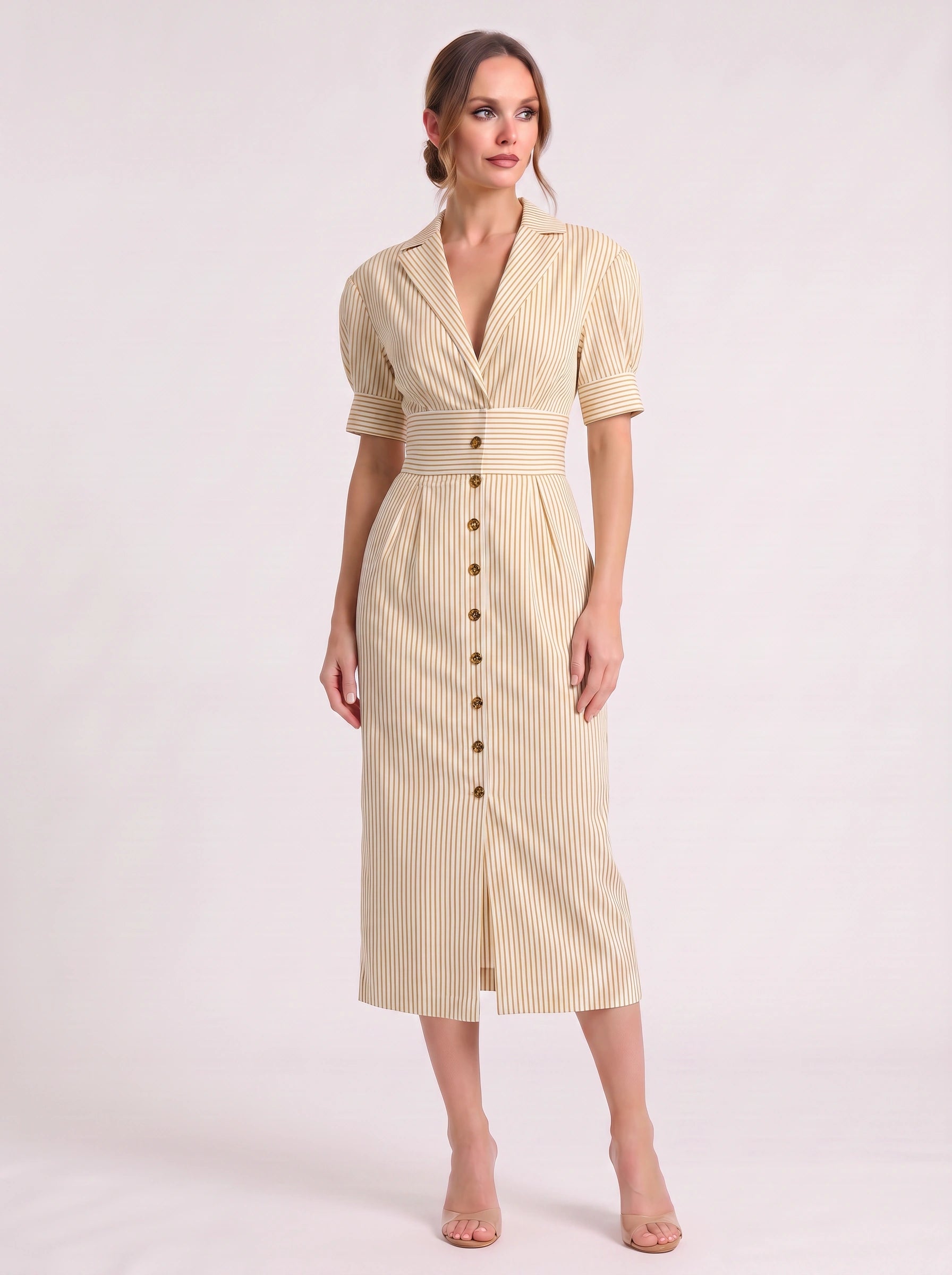 Rigatta Puff Sleeve Midi Dress – Striped Button Front Women Elegant Office Work Party Shirt Midi Dress