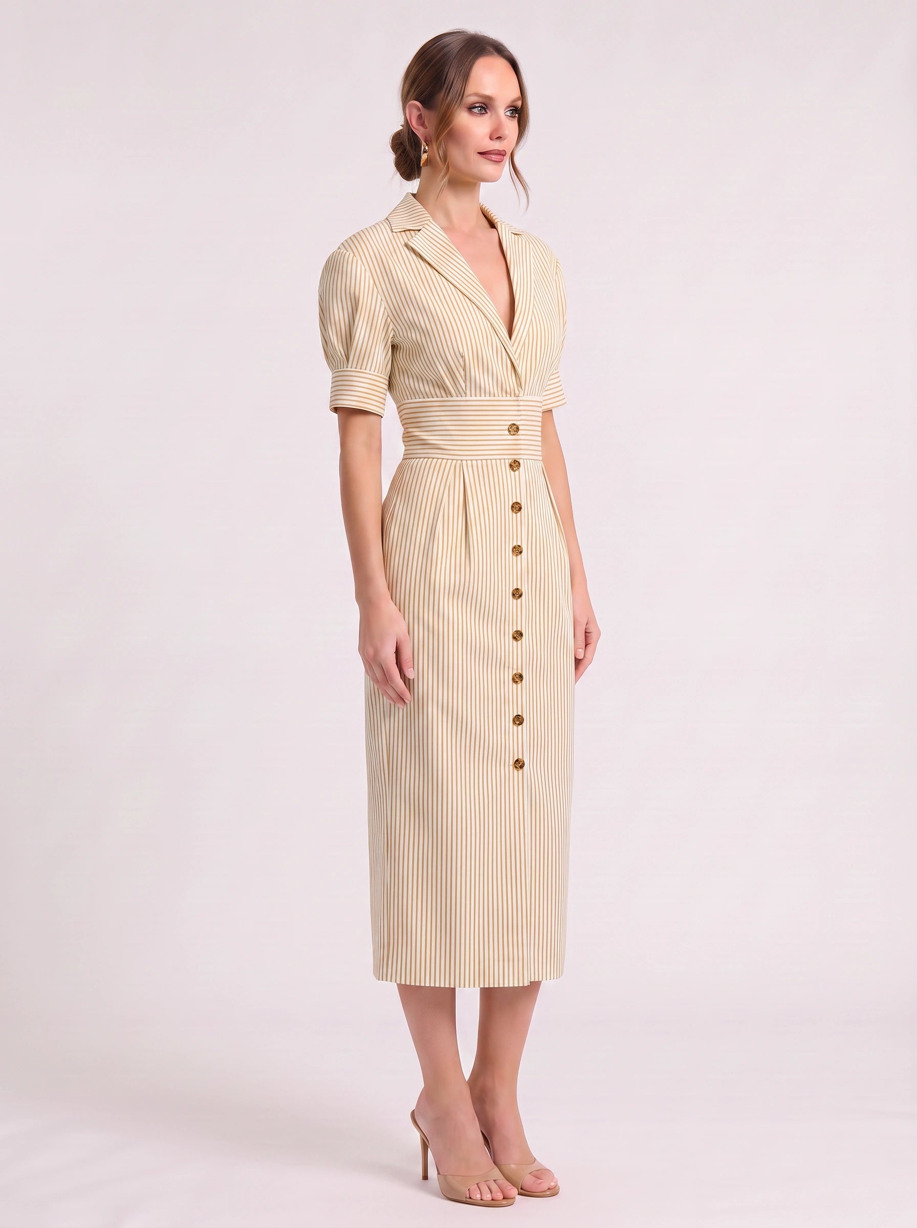 Rigatta Puff Sleeve Midi Dress – Striped Button Front Women Elegant Office Work Party Shirt Midi Dress