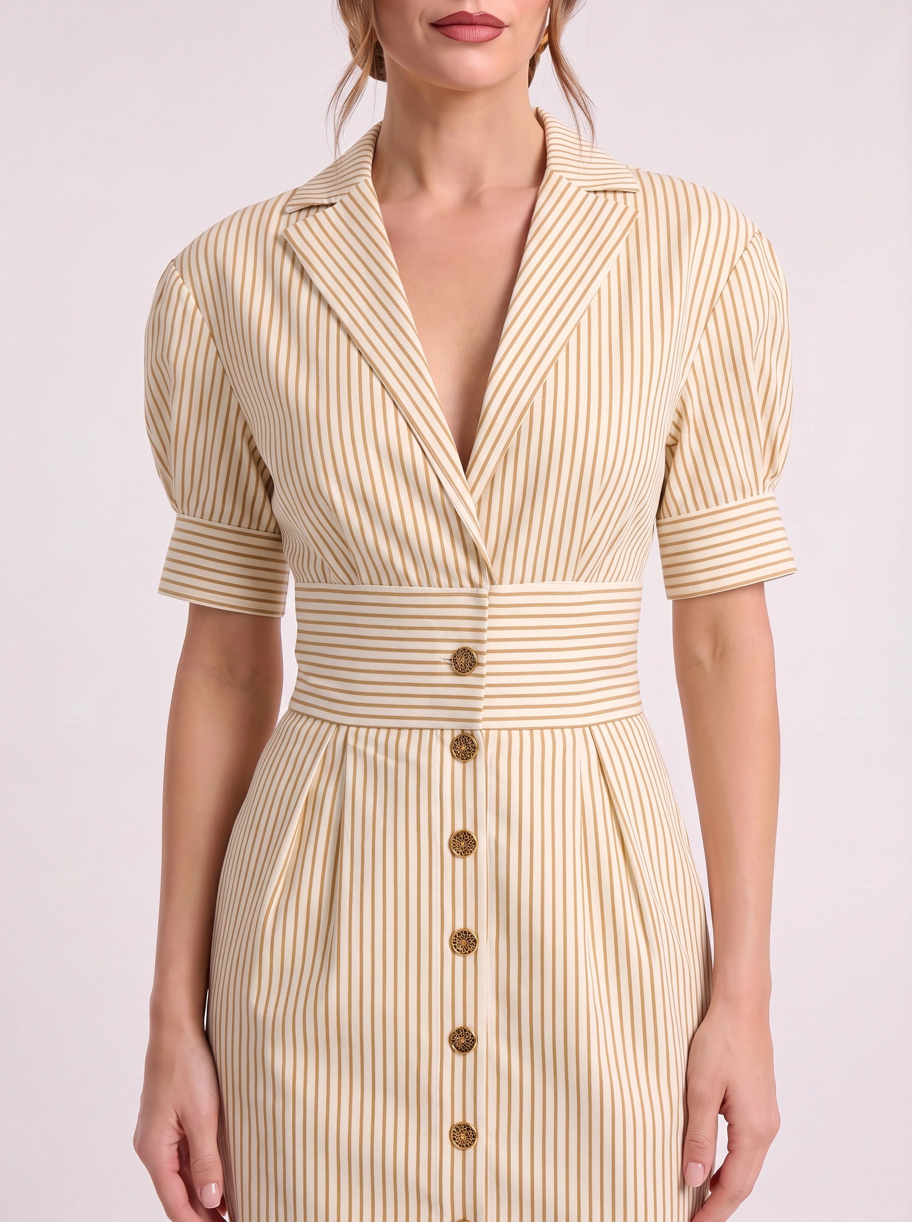 Rigatta Puff Sleeve Midi Dress – Striped Button Front Women Elegant Office Work Party Shirt Midi Dress