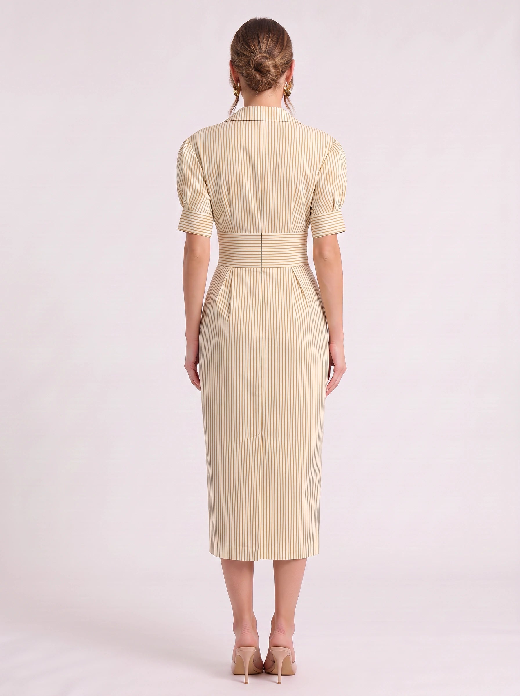 Rigatta Puff Sleeve Midi Dress – Striped Button Front Women Elegant Office Work Party Shirt Midi Dress