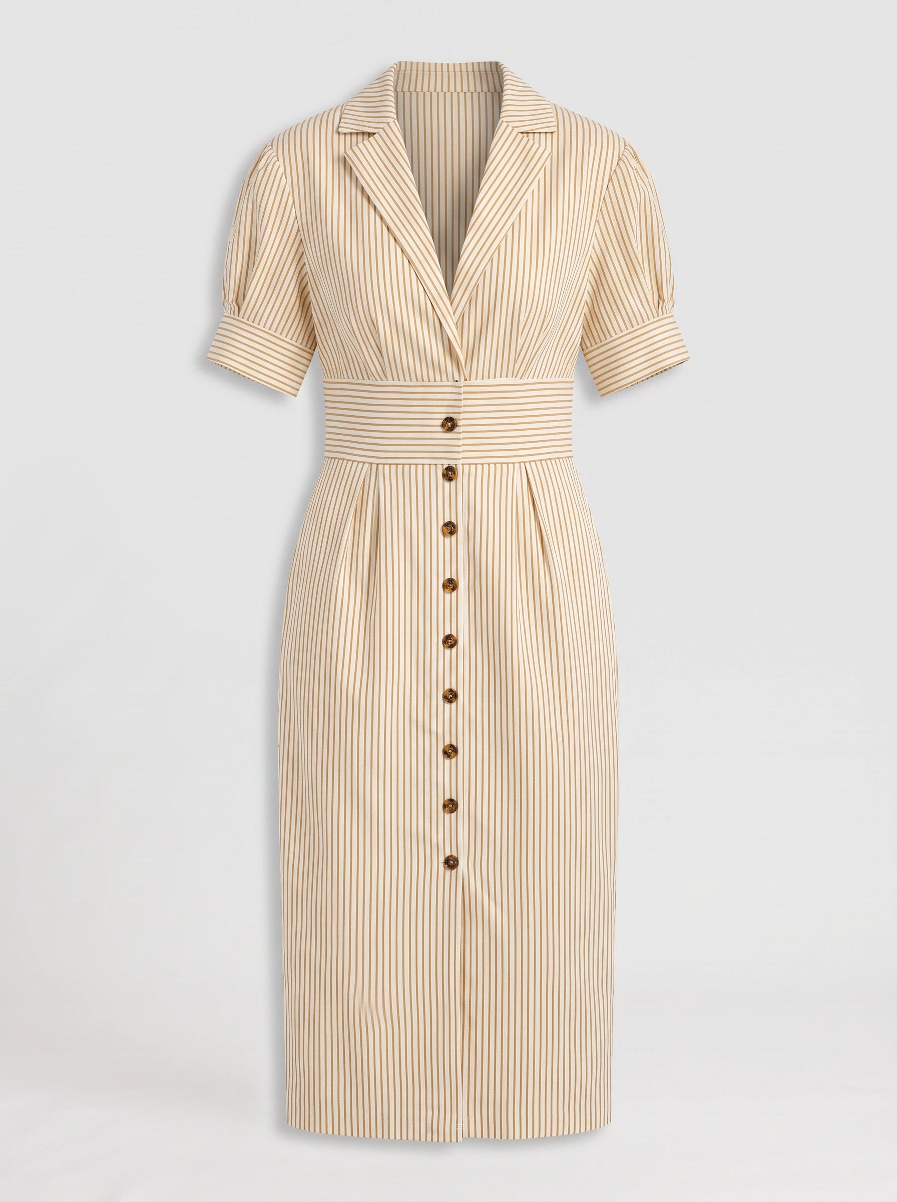 Rigatta Puff Sleeve Midi Dress – Striped Button Front Women Elegant Office Work Party Shirt Midi Dress
