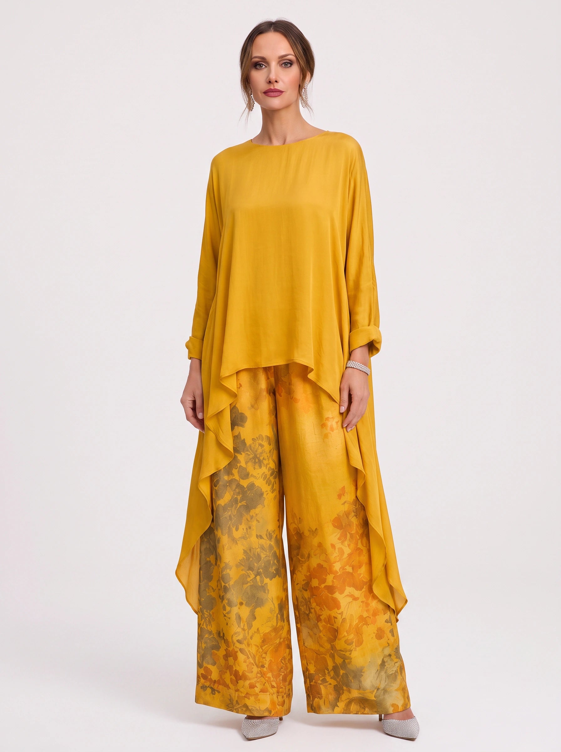 Saffronelle Draped Asymmetric Tunic Floral Wide-Leg Pants Two-Piece Set – Lounge Sets Women Boho Loungewear