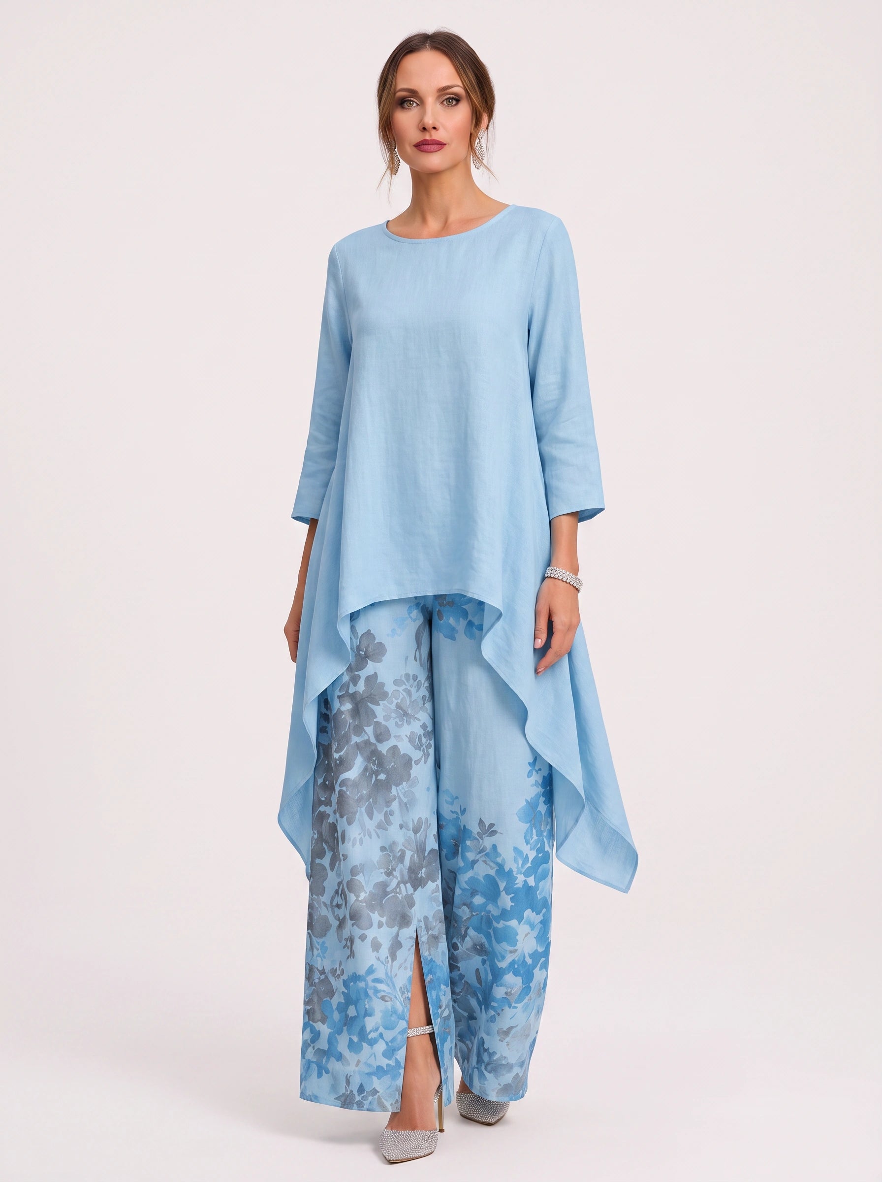 Saffronelle Draped Asymmetric Tunic Floral Wide-Leg Pants Two-Piece Set – Lounge Sets Women Boho Loungewear