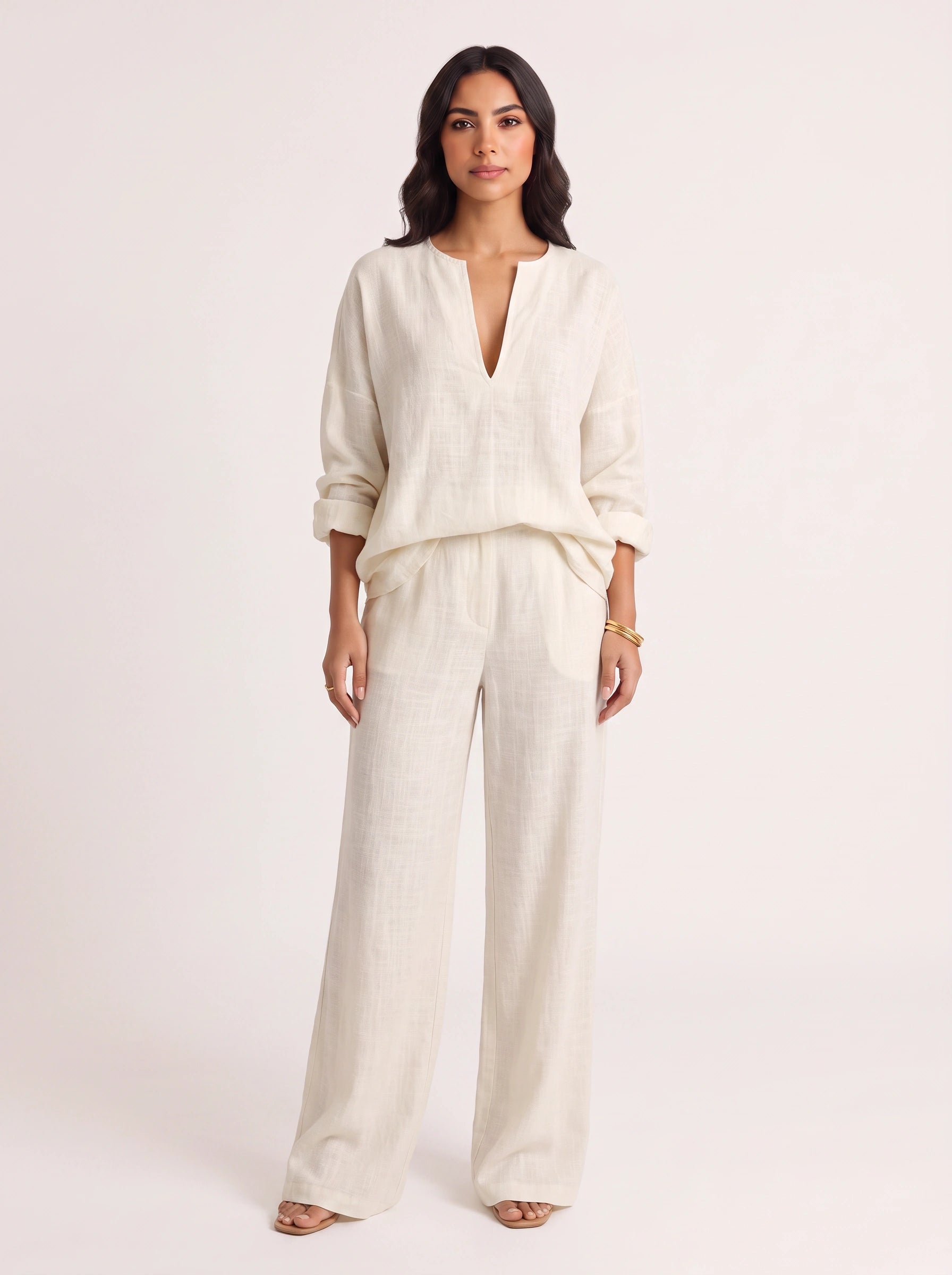 Linora Linen V-Neck Top Trouser Set – Boho Womens Clothing Outfit Women Wide-Leg Co-Ord Lounge Set