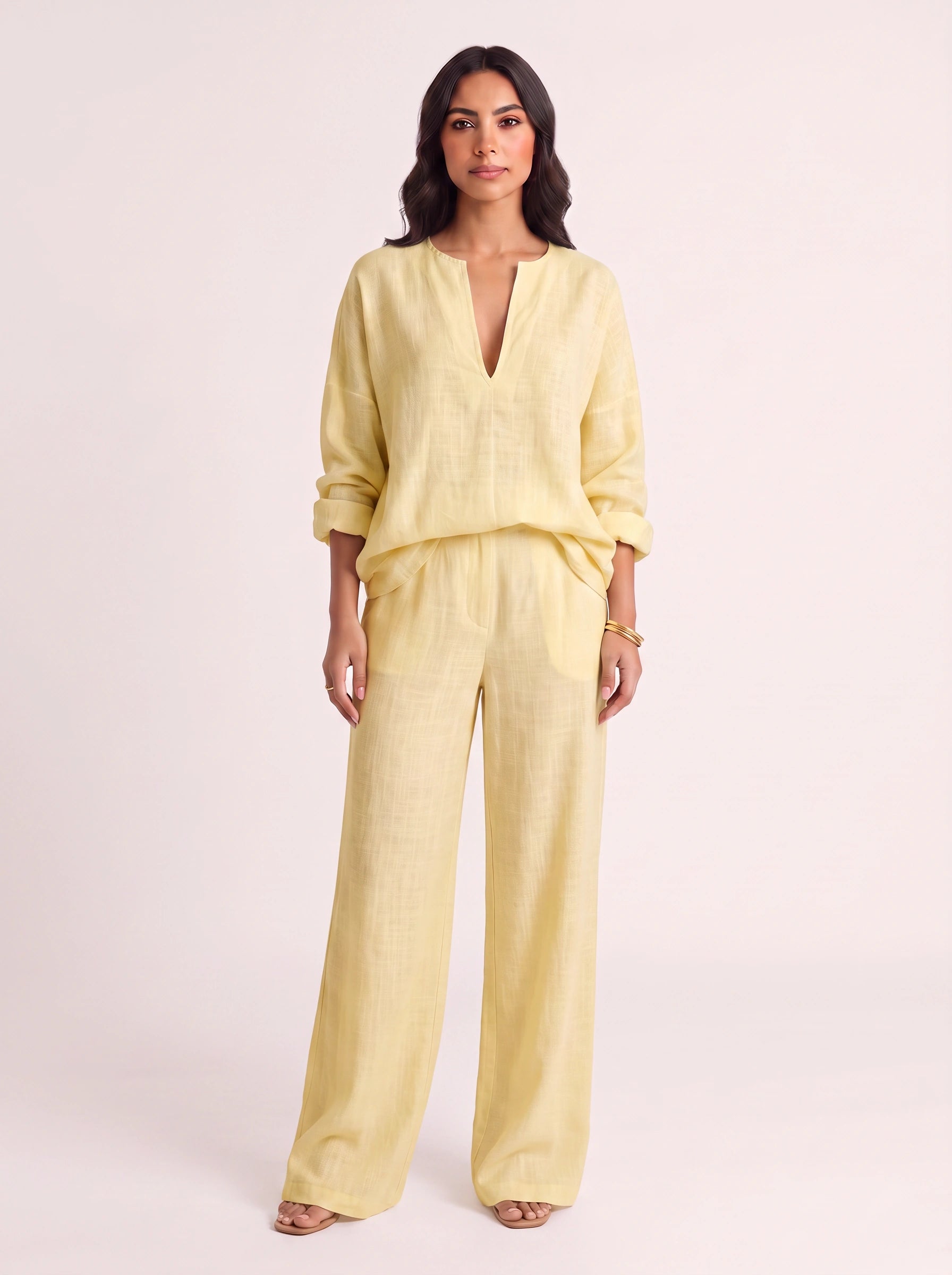 Linora Linen V-Neck Top Trouser Set – Boho Womens Clothing Outfit Women Wide-Leg Co-Ord Lounge Set