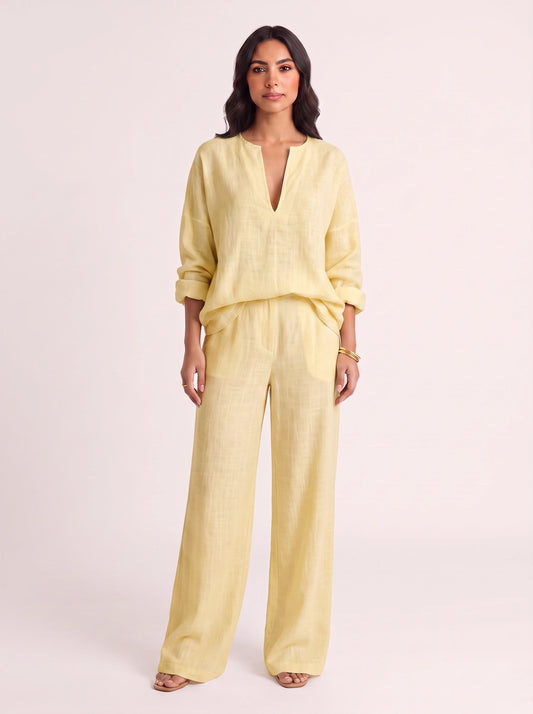 Linora Linen V-Neck Top Trouser Set – Boho Womens Clothing Outfit Women Wide-Leg Co-Ord Lounge Set