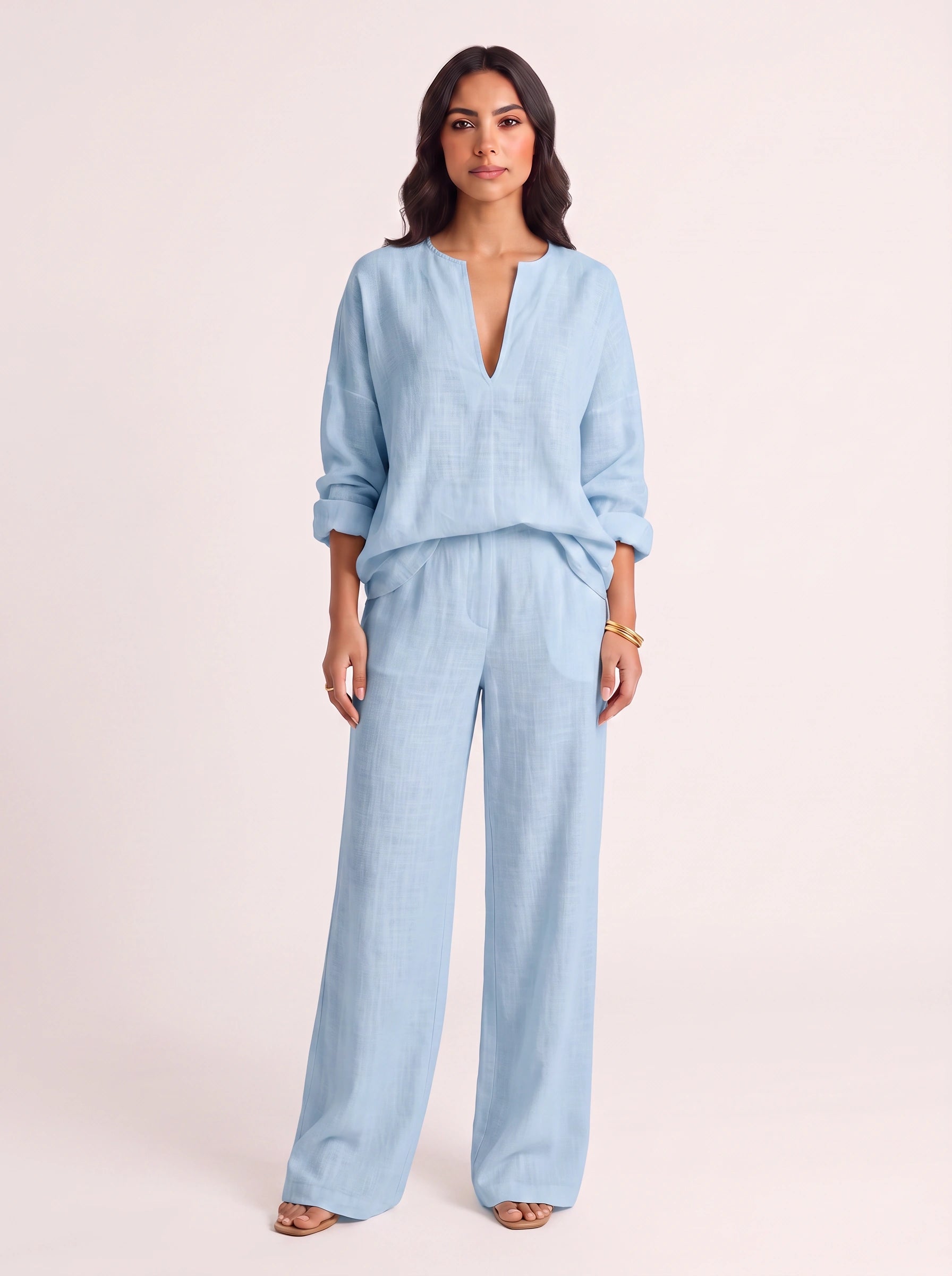 Linora Linen V-Neck Top Trouser Set – Boho Womens Clothing Outfit Women Wide-Leg Co-Ord Lounge Set