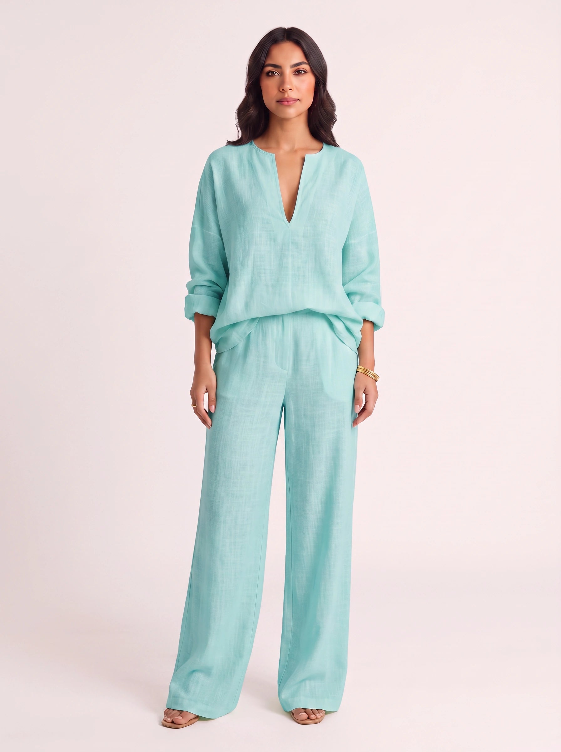 Linora Linen V-Neck Top Trouser Set – Boho Womens Clothing Outfit Women Wide-Leg Co-Ord Lounge Set