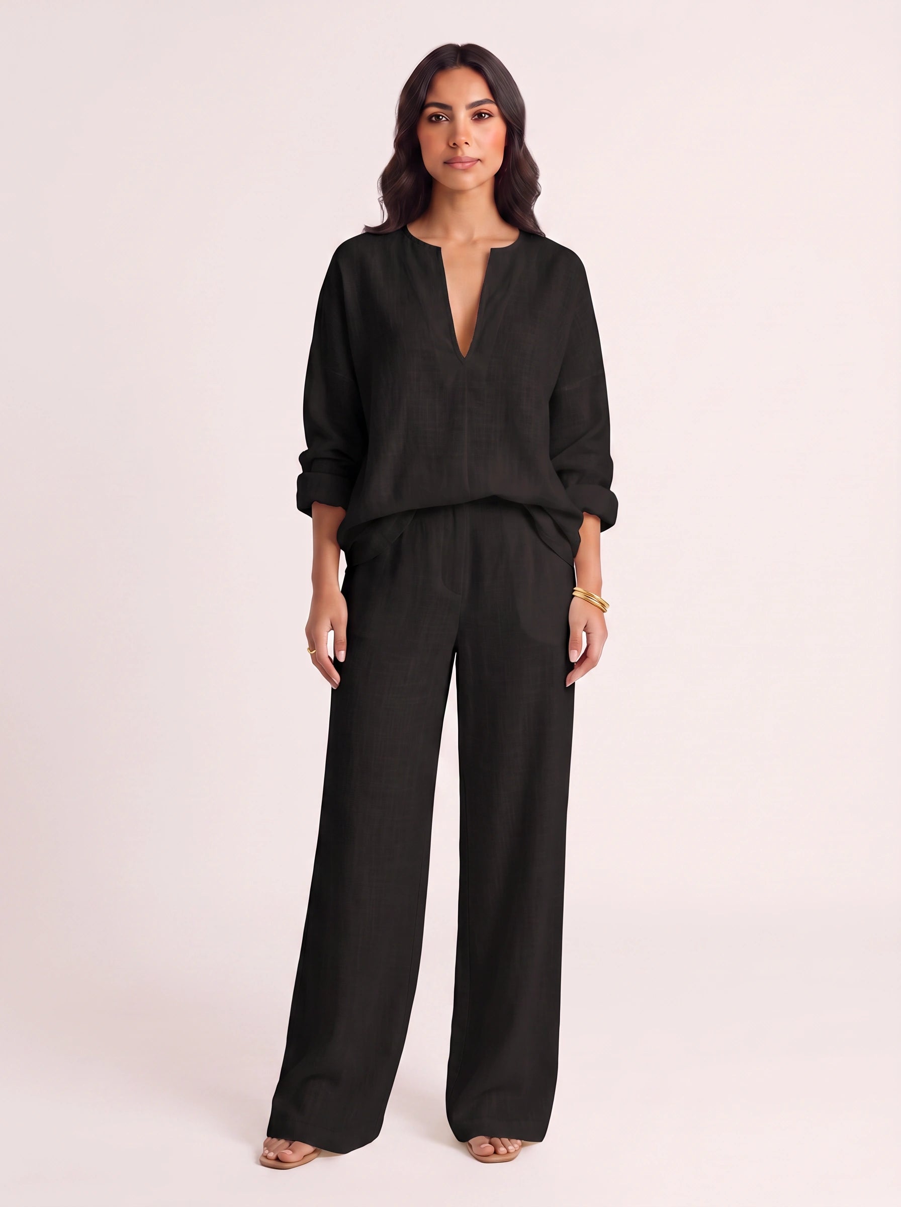 Linora Linen V-Neck Top Trouser Set – Boho Womens Clothing Outfit Women Wide-Leg Co-Ord Lounge Set