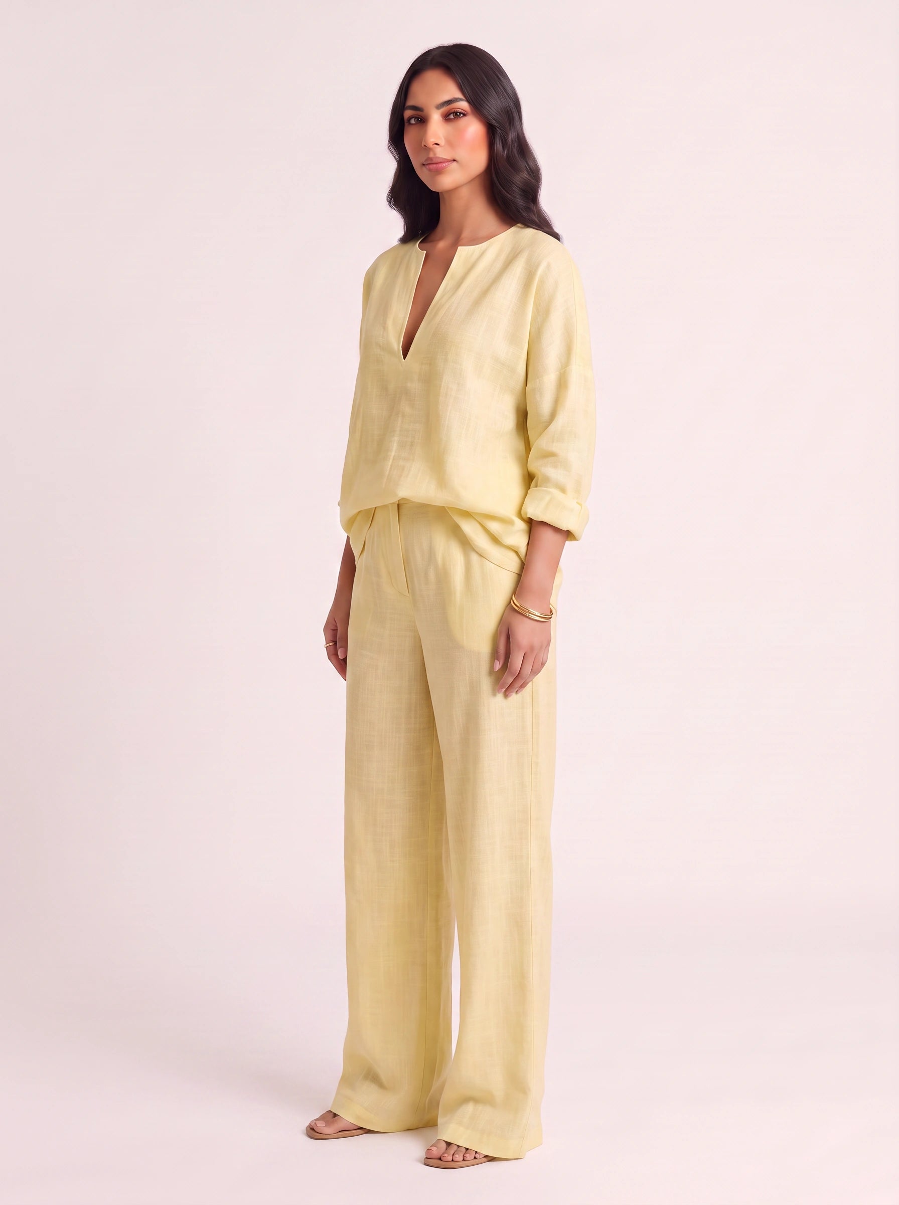 Linora Linen V-Neck Top Trouser Set – Boho Womens Clothing Outfit Women Wide-Leg Co-Ord Lounge Set