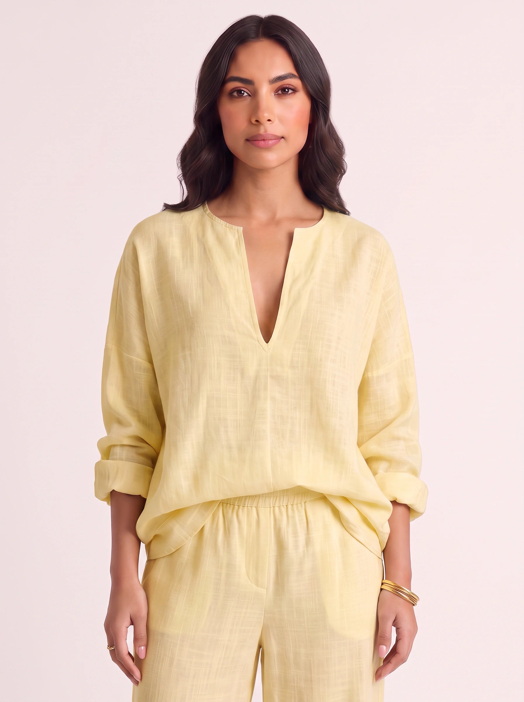 Linora Linen V-Neck Top Trouser Set – Boho Womens Clothing Outfit Women Wide-Leg Co-Ord Lounge Set