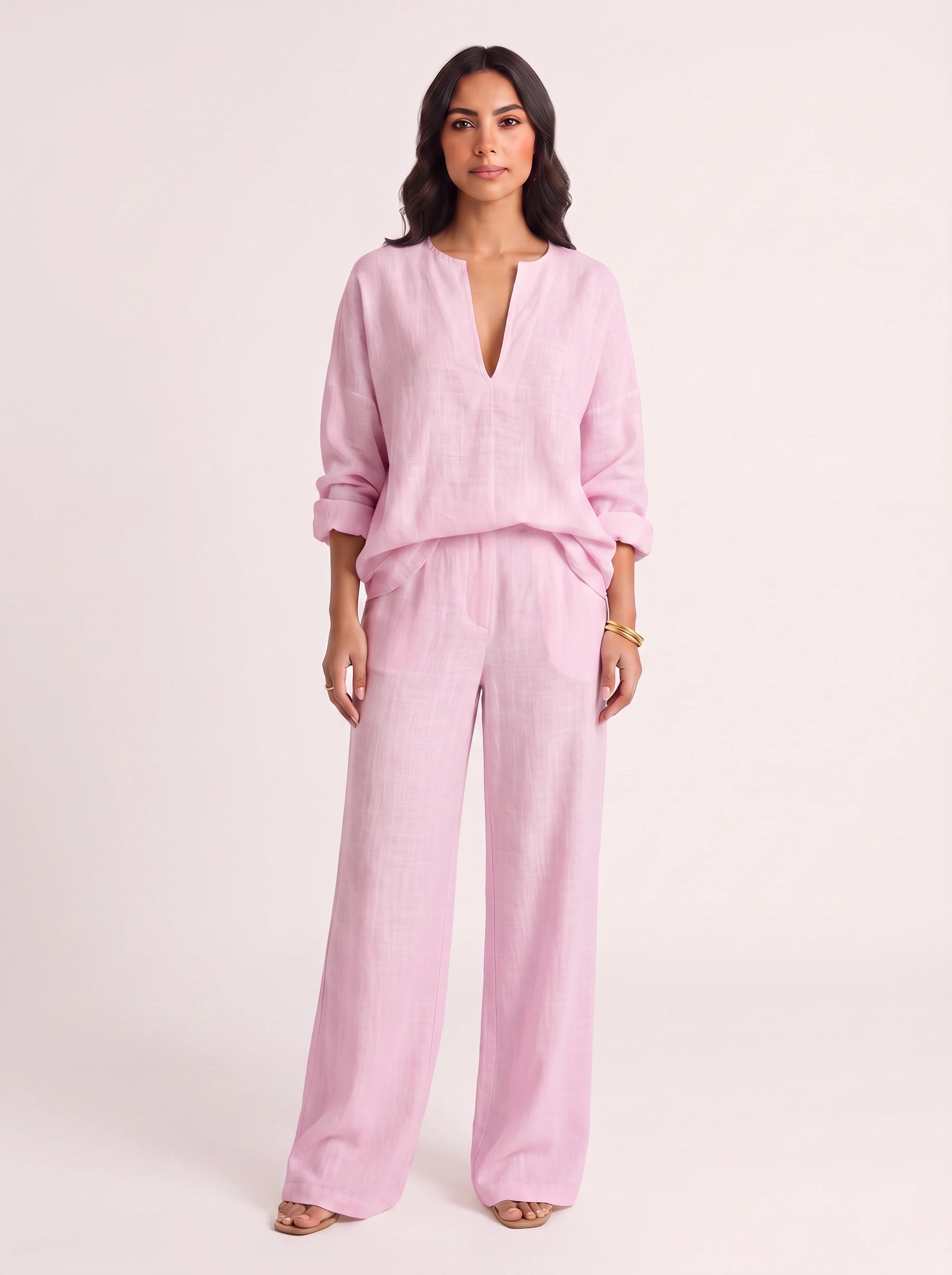 Linora Linen V-Neck Top Trouser Set – Boho Womens Clothing Outfit Women Wide-Leg Co-Ord Lounge Set