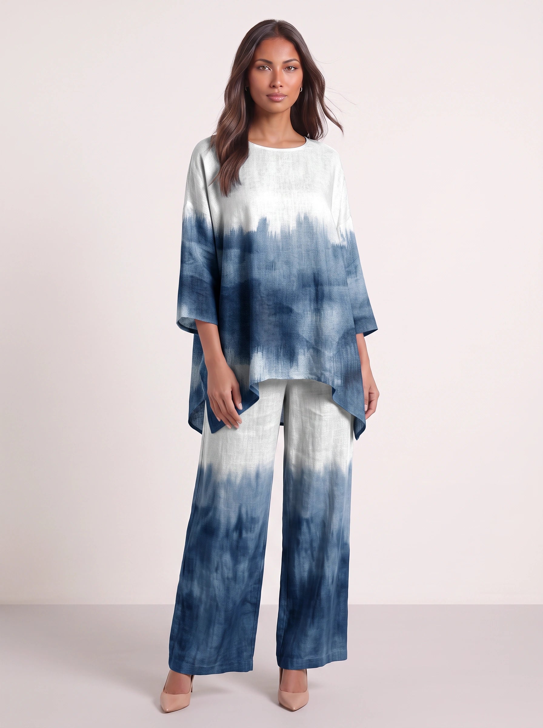 Ombrie Oversized Tunic Wide-Leg Trouser Set – Tie Dye Printed Two-Piece Women Boho Loungewear Summer Pants Set