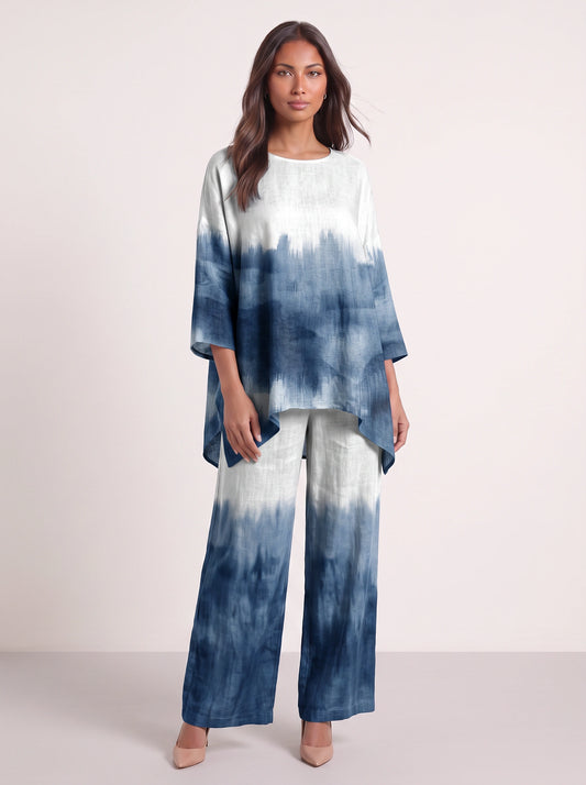 Ombrie Oversized Tunic Wide-Leg Trouser Set – Tie Dye Printed Two-Piece Women Boho Loungewear Summer Pants Set