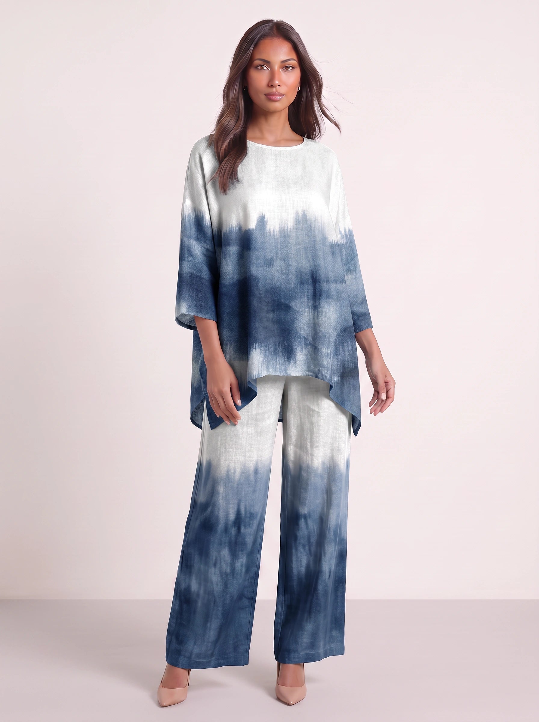 Ombrie Oversized Tunic Wide-Leg Trouser Set – Tie Dye Printed Two-Piece Women Boho Loungewear Summer Pants Set