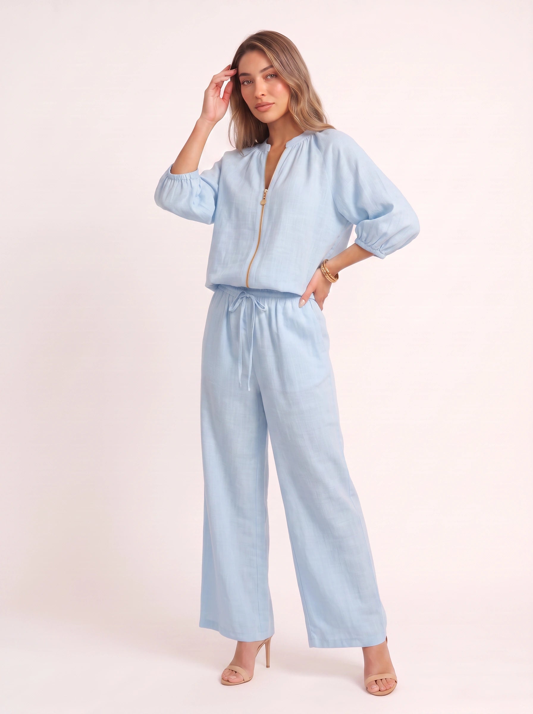 Cielebri Puff Sleeve Zip Top Wide Leg Pants Set – Two Piece Sets Women Loungewear Casual Summer Lounge Sets