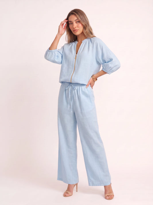 Cielebri Puff Sleeve Zip Top Wide Leg Pants Set – Two Piece Sets Women Loungewear Casual Summer Lounge Sets