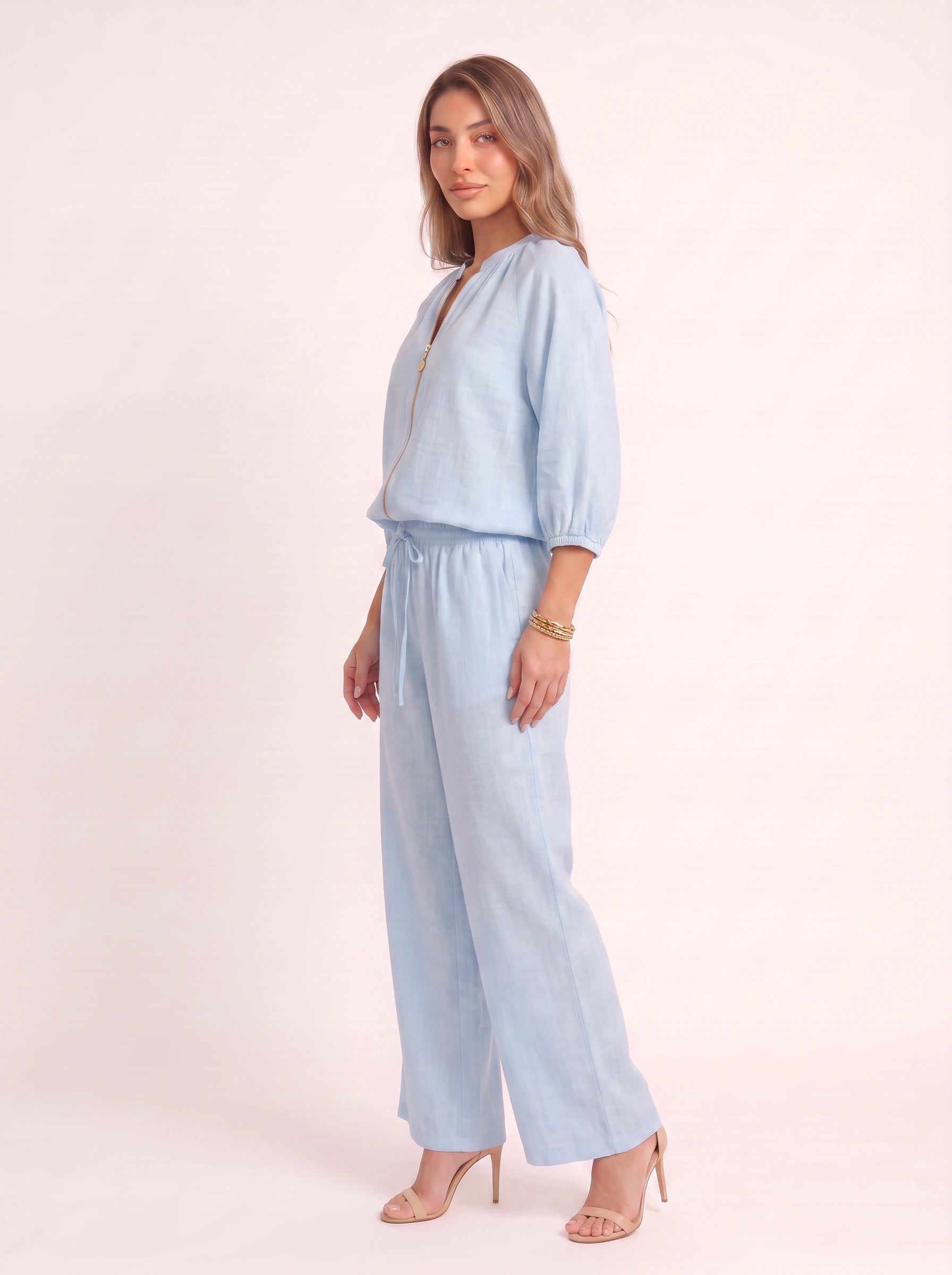 Cielebri Puff Sleeve Zip Top Wide Leg Pants Set – Two Piece Sets Women Loungewear Casual Summer Lounge Sets