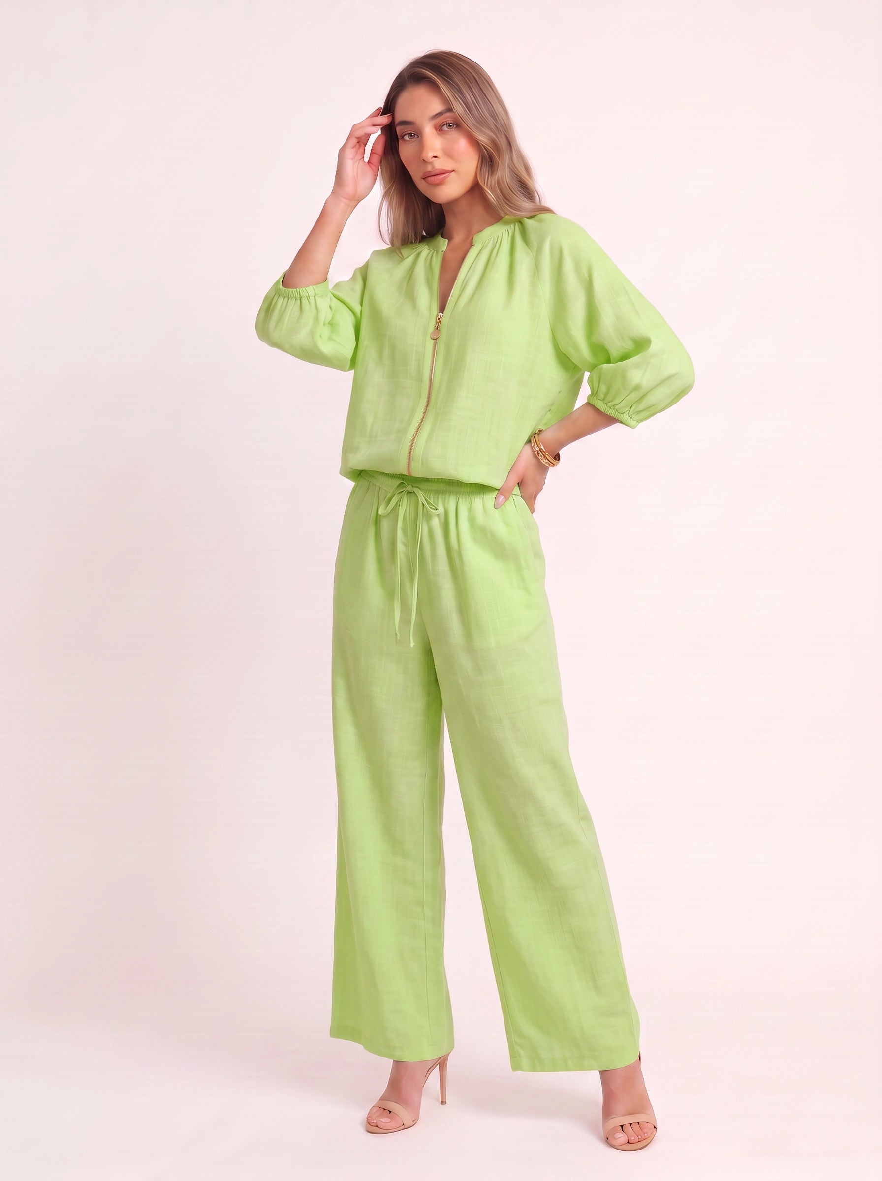 Cielebri Puff Sleeve Zip Top Wide Leg Pants Set – Two Piece Sets Women Loungewear Casual Summer Lounge Sets