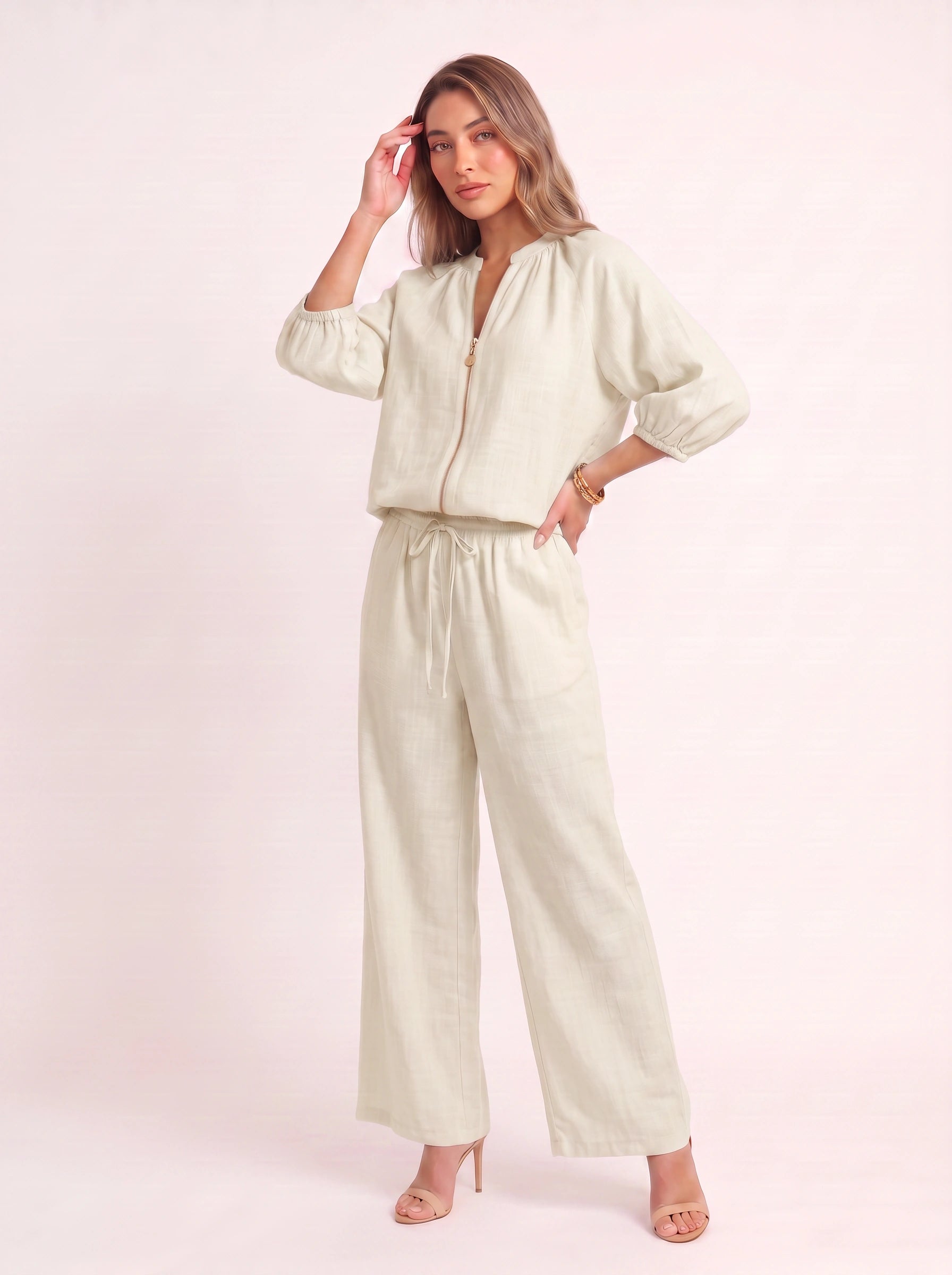 Cielebri Puff Sleeve Zip Top Wide Leg Pants Set – Two Piece Sets Women Loungewear Casual Summer Lounge Sets
