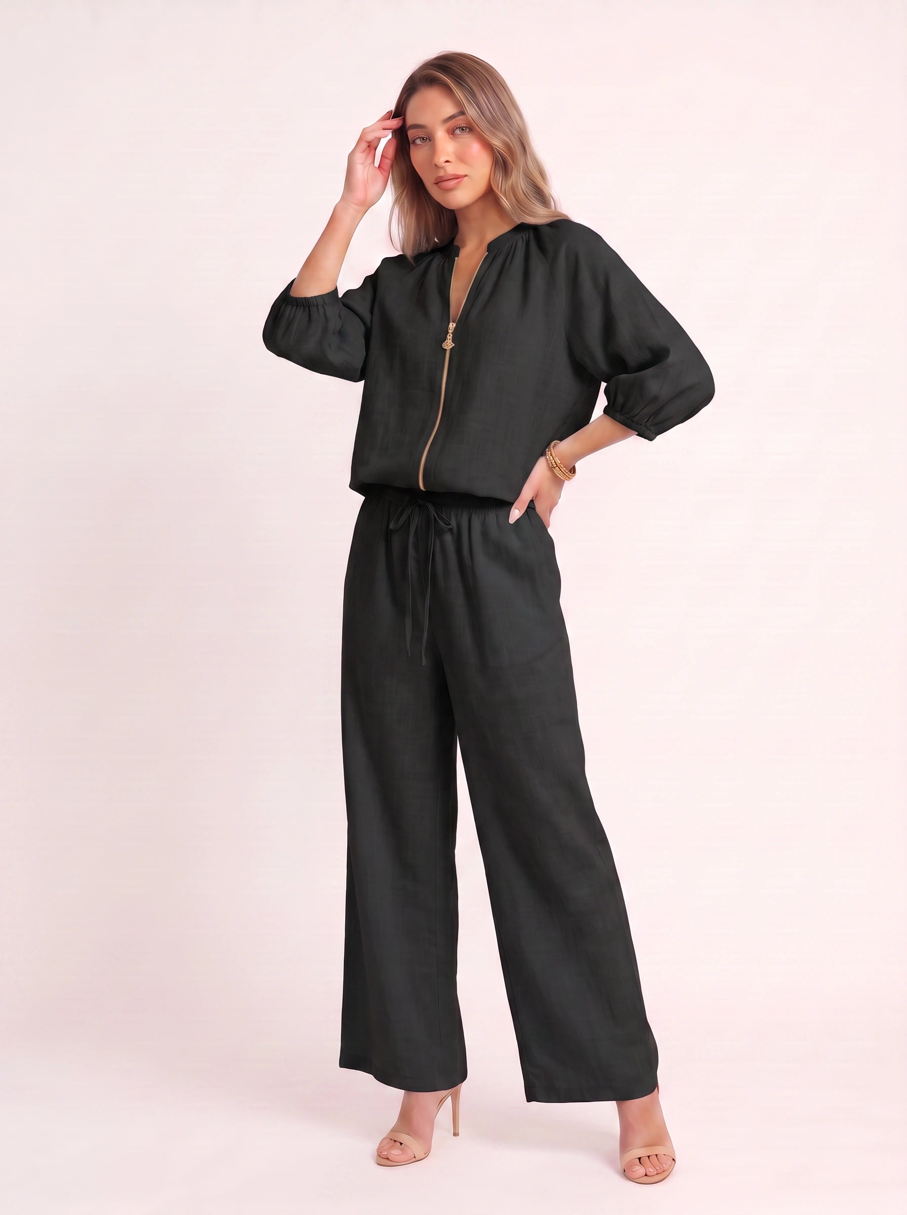 Cielebri Puff Sleeve Zip Top Wide Leg Pants Set – Two Piece Sets Women Loungewear Casual Summer Lounge Sets