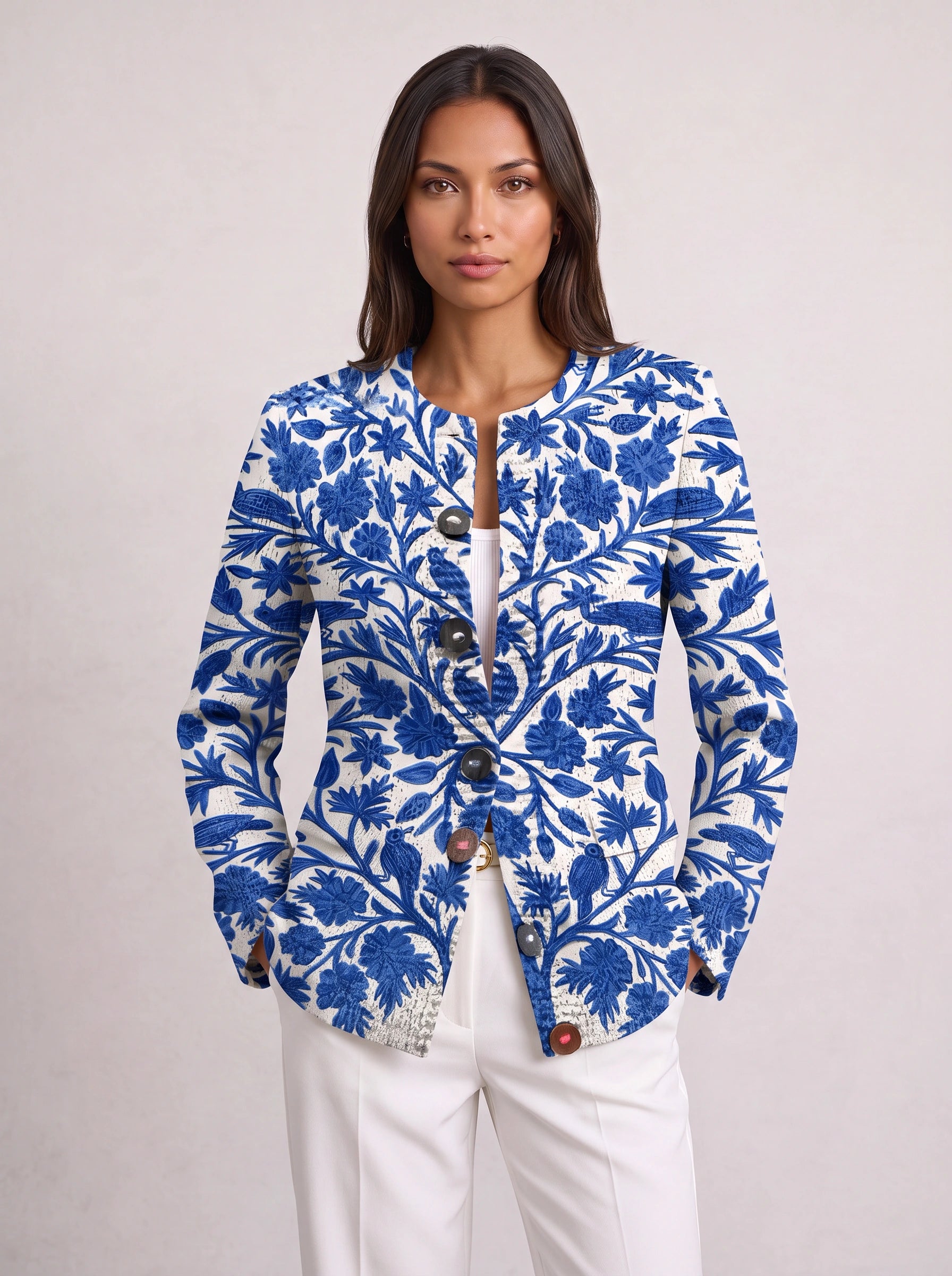Floravera Printed Button-Front Cardigan – Women Floral Jacket Summer Resort Vacation Contrast Statement Cardigan