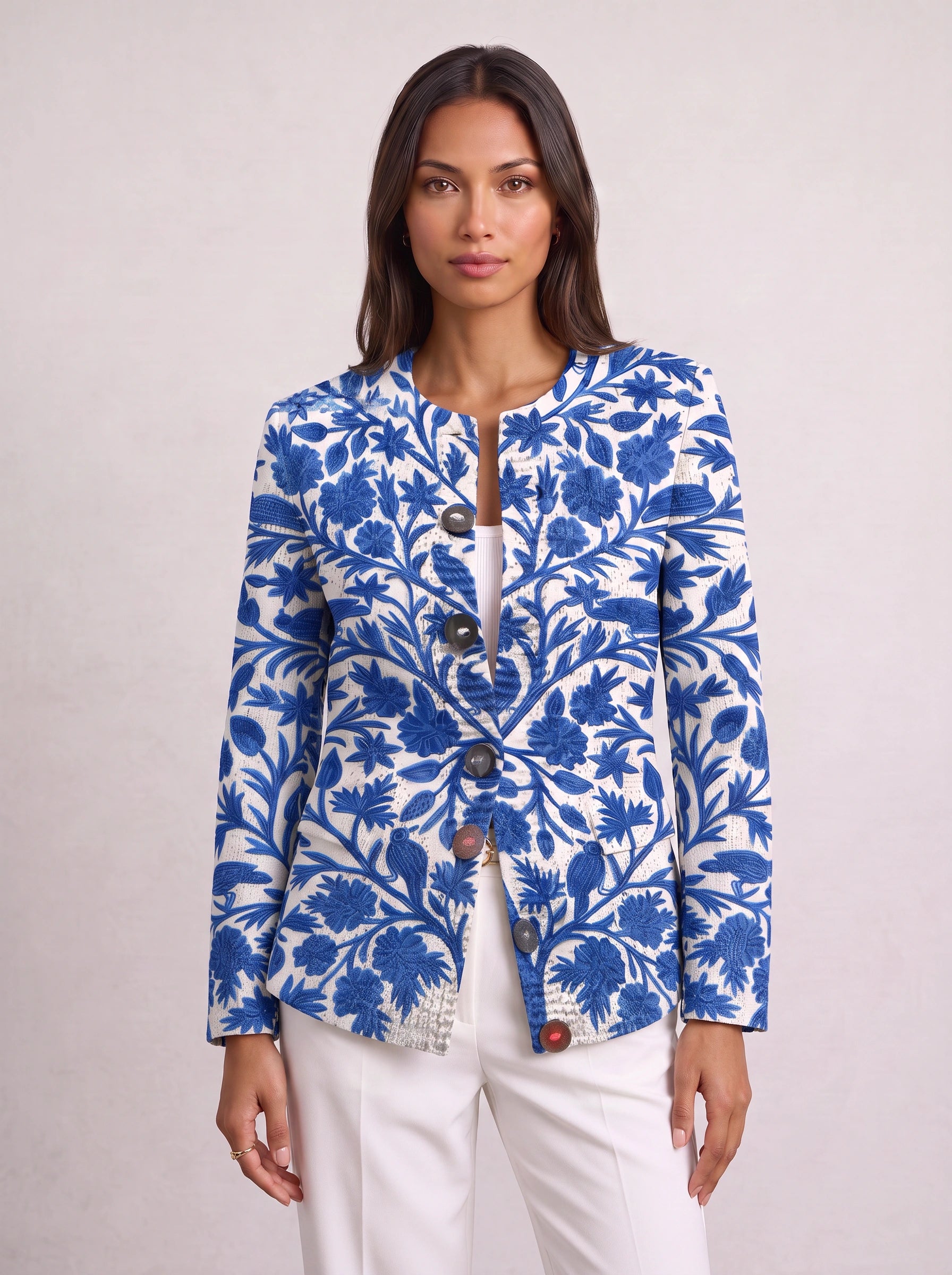Floravera Printed Button-Front Cardigan – Women Floral Jacket Summer Resort Vacation Contrast Statement Cardigan