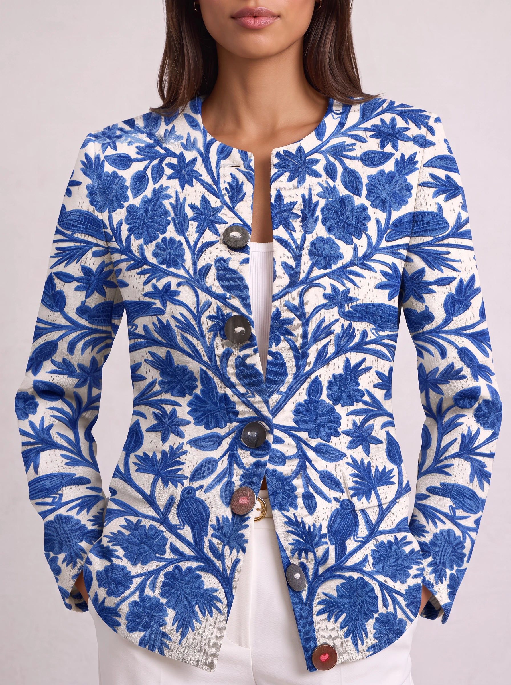 Floravera Printed Button-Front Cardigan – Women Floral Jacket Summer Resort Vacation Contrast Statement Cardigan
