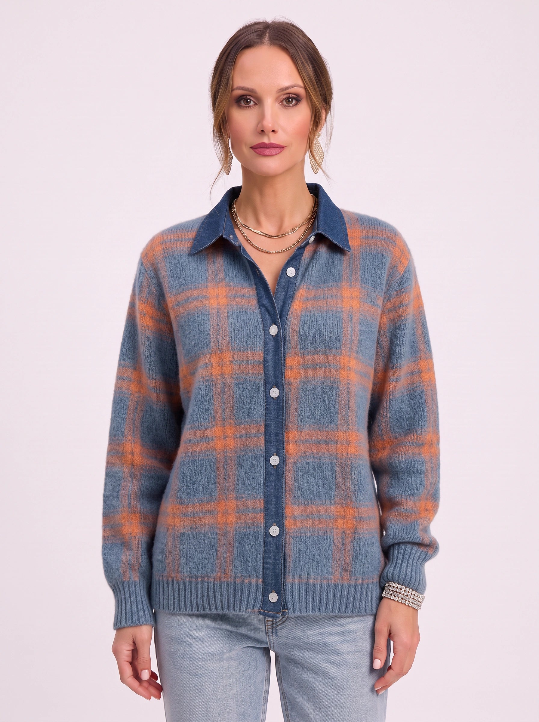 Casagrid Oversized Plaid Shirt – Knit Button Down Women Long Sleeve Casual Relaxed Fit Collared Blouse Shirt