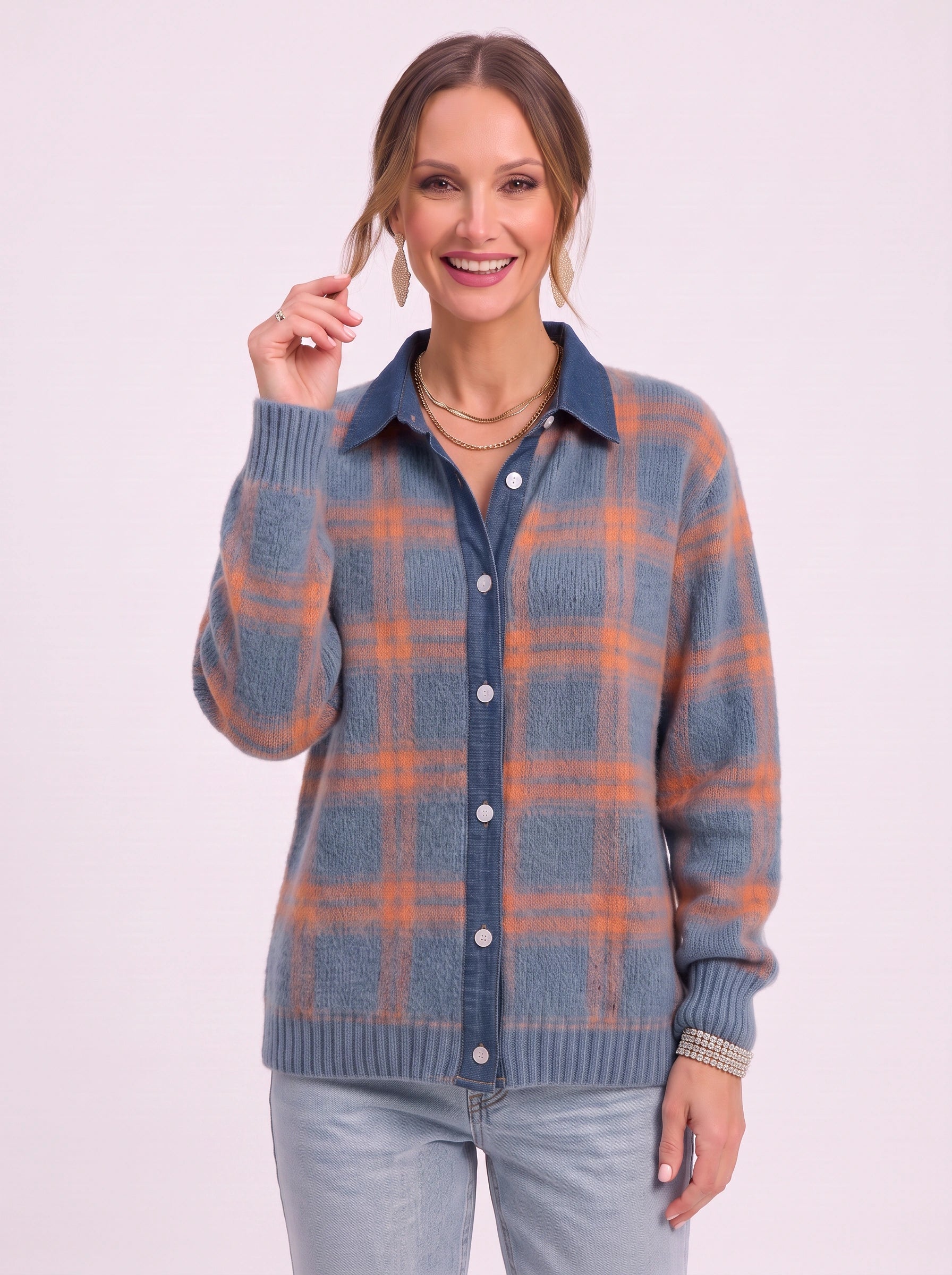 Casagrid Oversized Plaid Shirt – Knit Button Down Women Long Sleeve Casual Relaxed Fit Collared Blouse Shirt