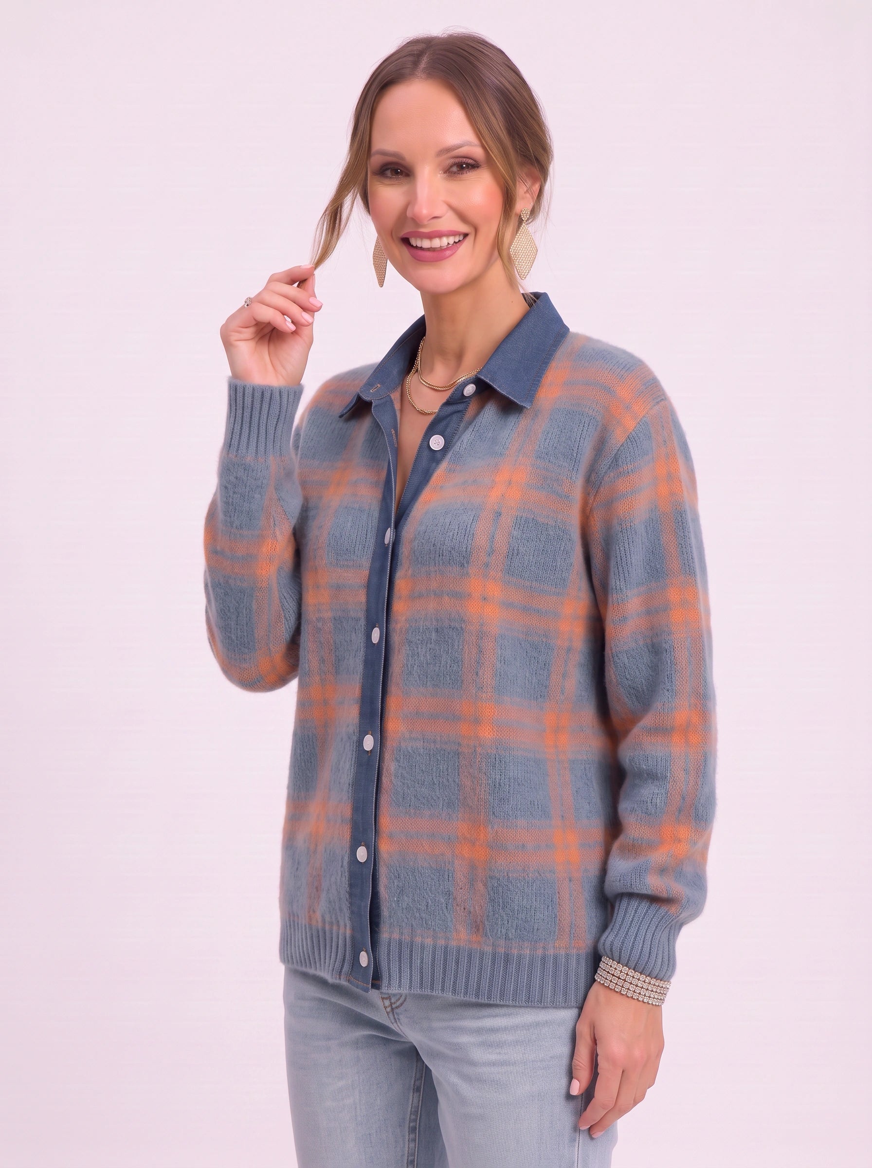 Casagrid Oversized Plaid Shirt – Knit Button Down Women Long Sleeve Casual Relaxed Fit Collared Blouse Shirt