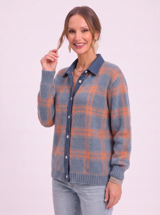 Casagrid Oversized Plaid Shirt – Knit Button Down Women Long Sleeve Casual Relaxed Fit Collared Blouse Shirt