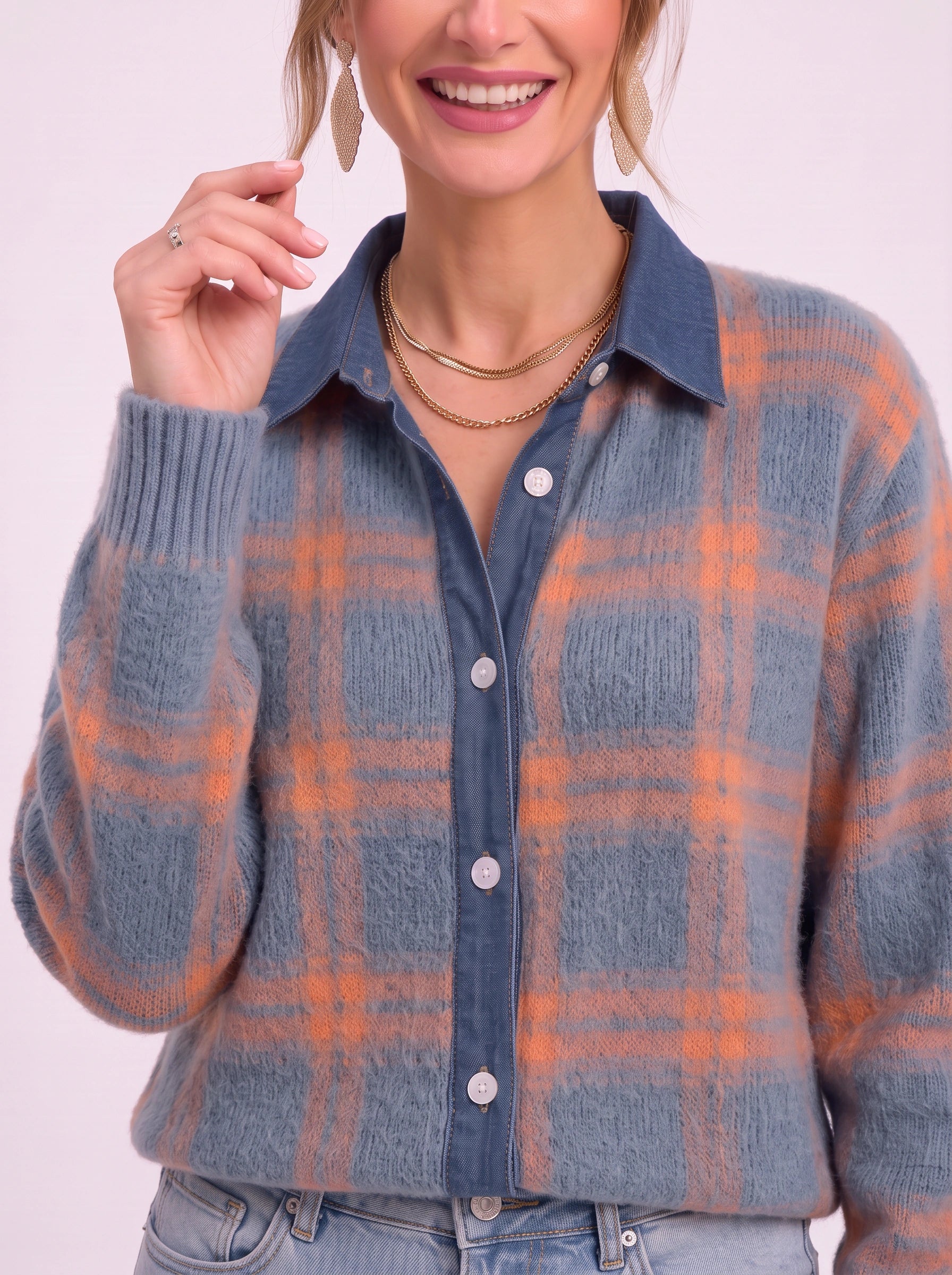 Casagrid Oversized Plaid Shirt – Knit Button Down Women Long Sleeve Casual Relaxed Fit Collared Blouse Shirt