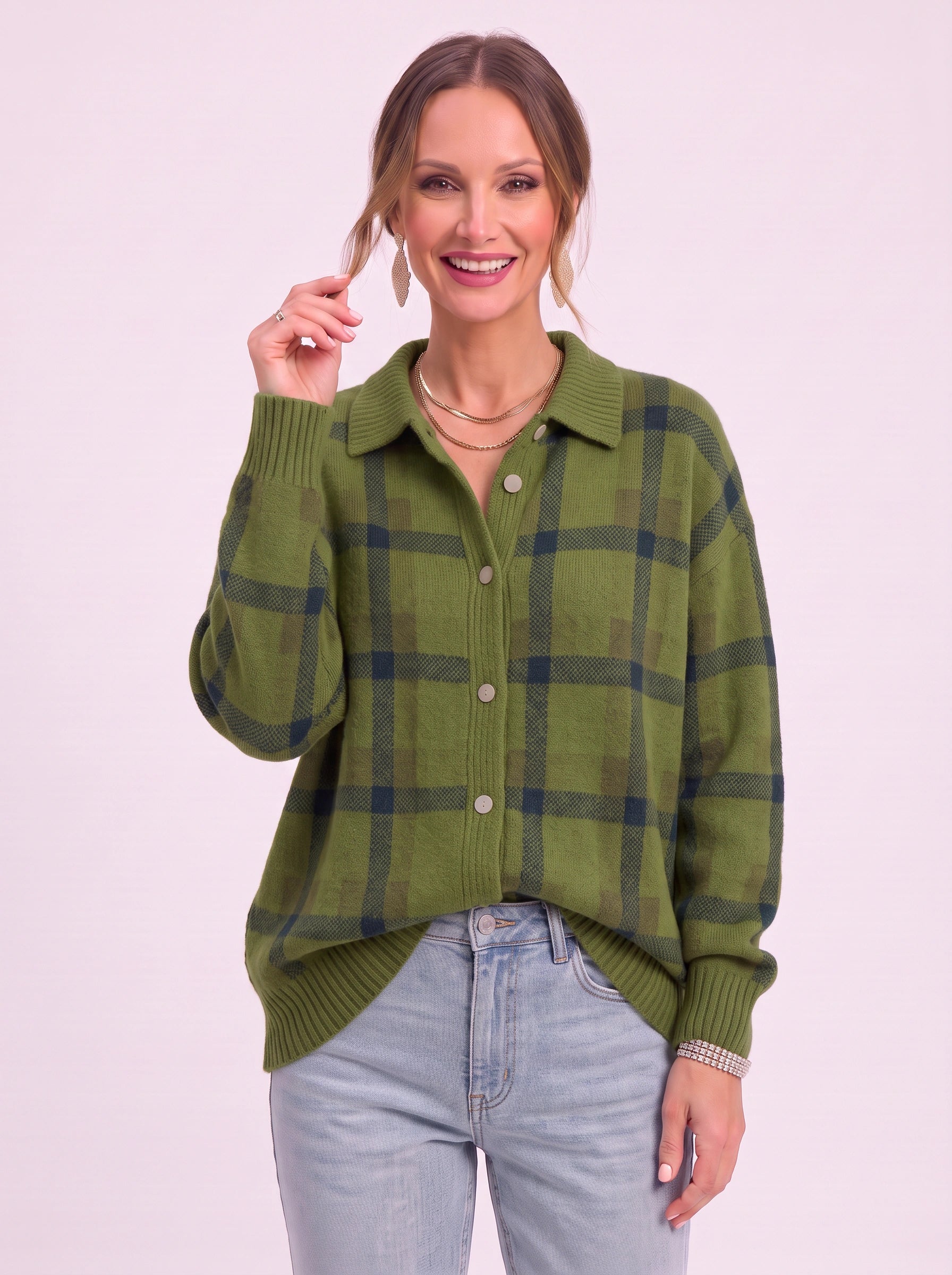 Casagrid Oversized Plaid Shirt – Knit Button Down Women Long Sleeve Casual Relaxed Fit Collared Blouse Shirt