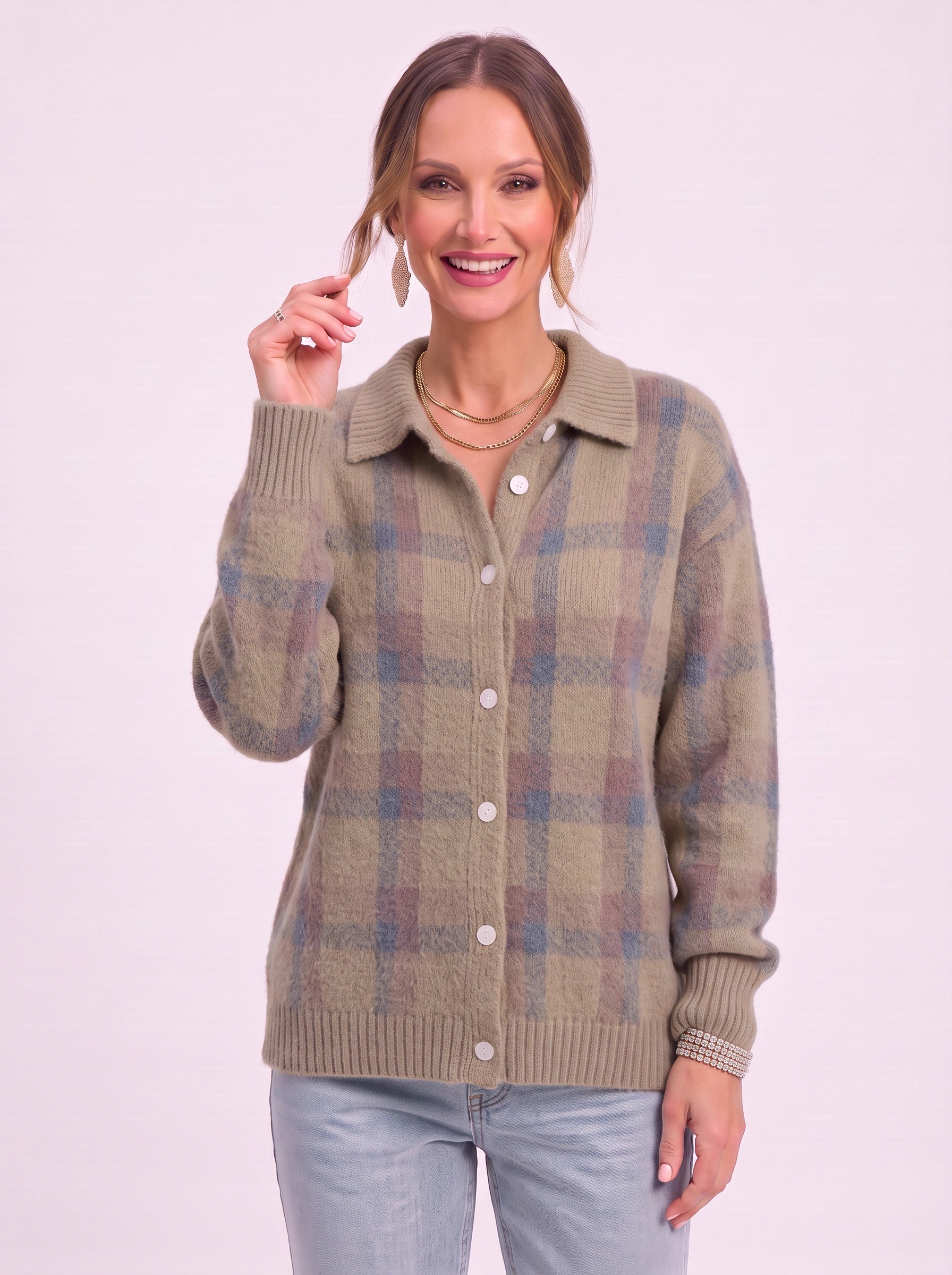 Casagrid Oversized Plaid Shirt – Knit Button Down Women Long Sleeve Casual Relaxed Fit Collared Blouse Shirt