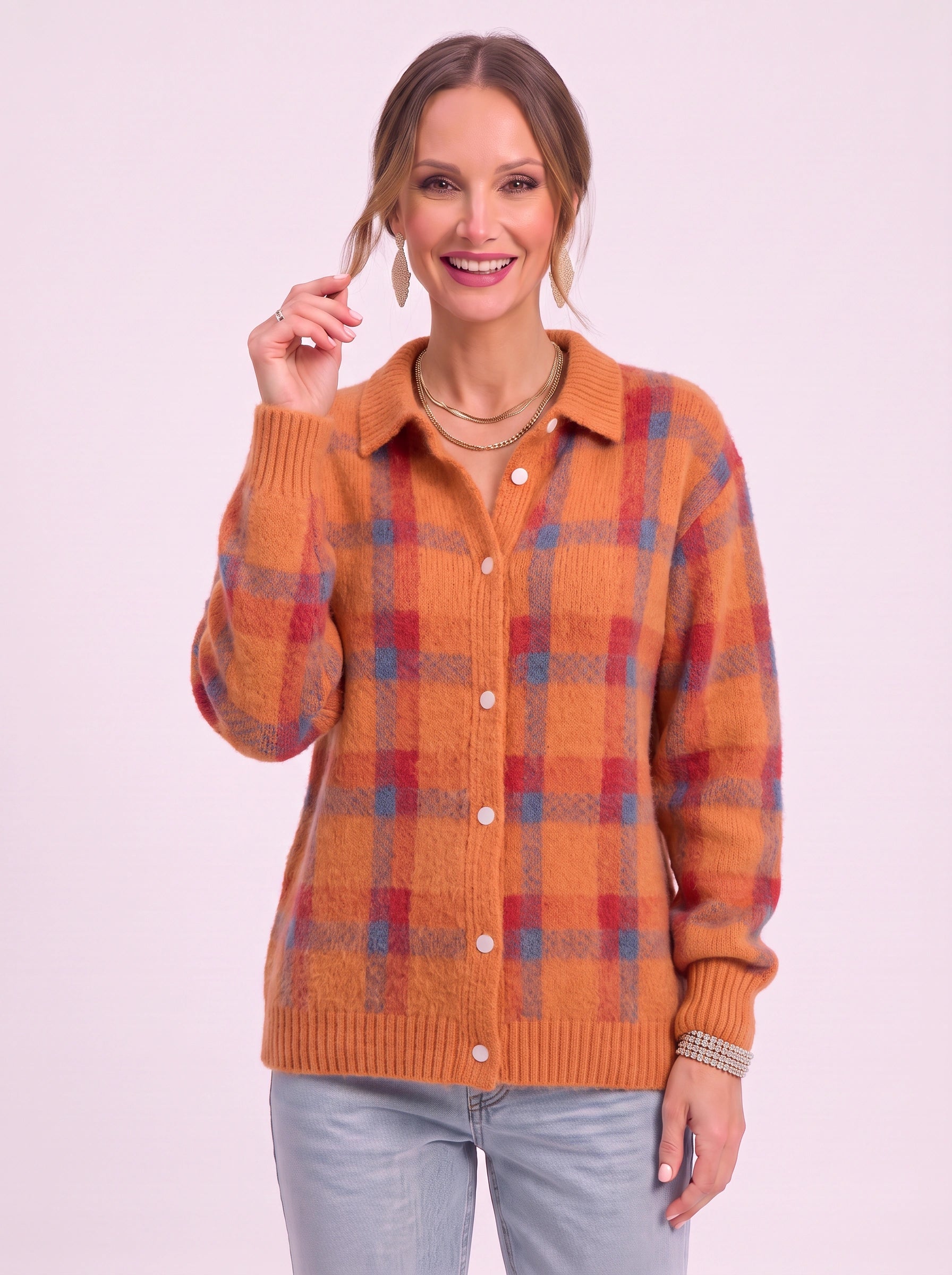Casagrid Oversized Plaid Shirt – Knit Button Down Women Long Sleeve Casual Relaxed Fit Collared Blouse Shirt