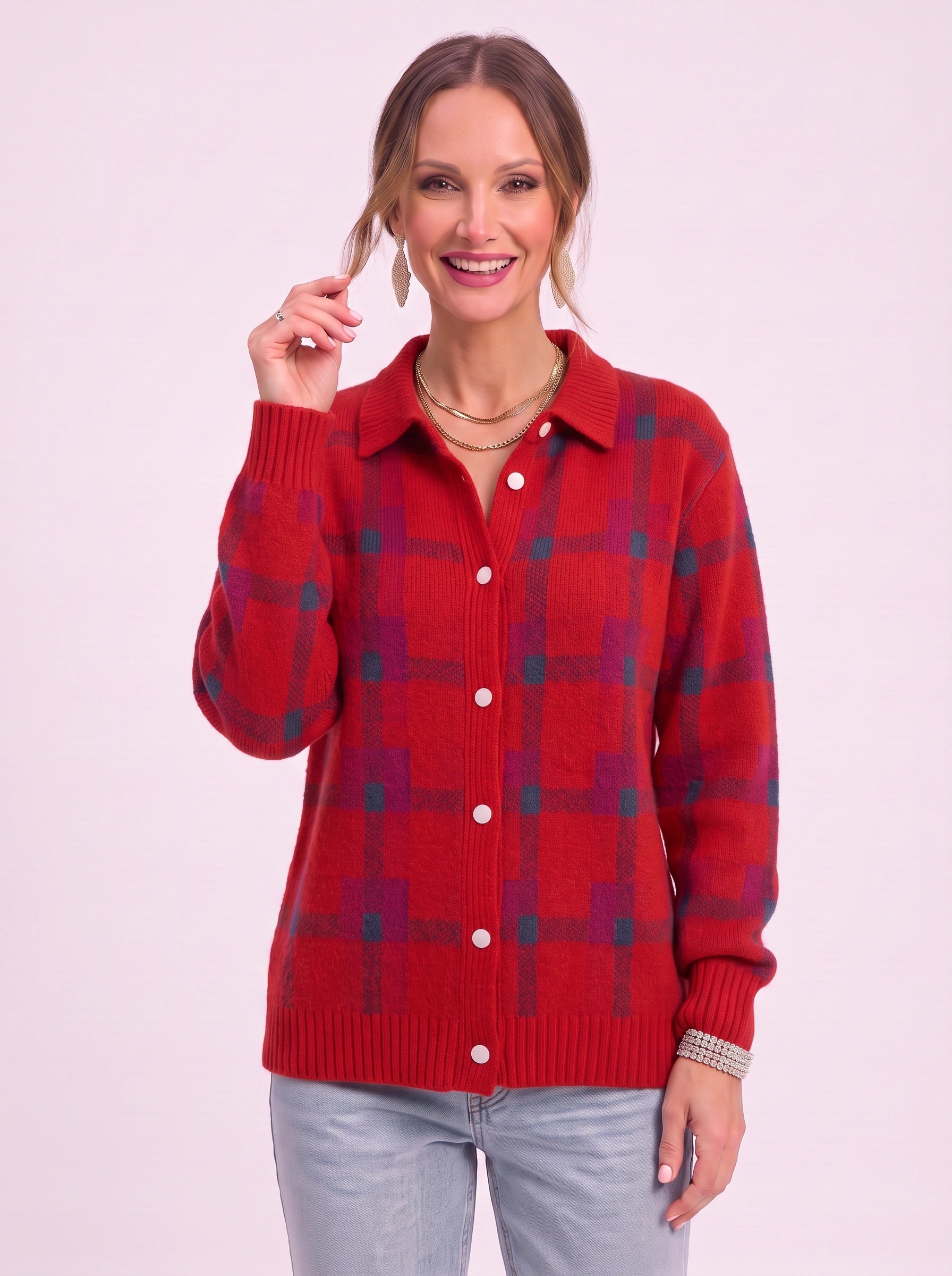 Casagrid Oversized Plaid Shirt – Knit Button Down Women Long Sleeve Casual Relaxed Fit Collared Blouse Shirt