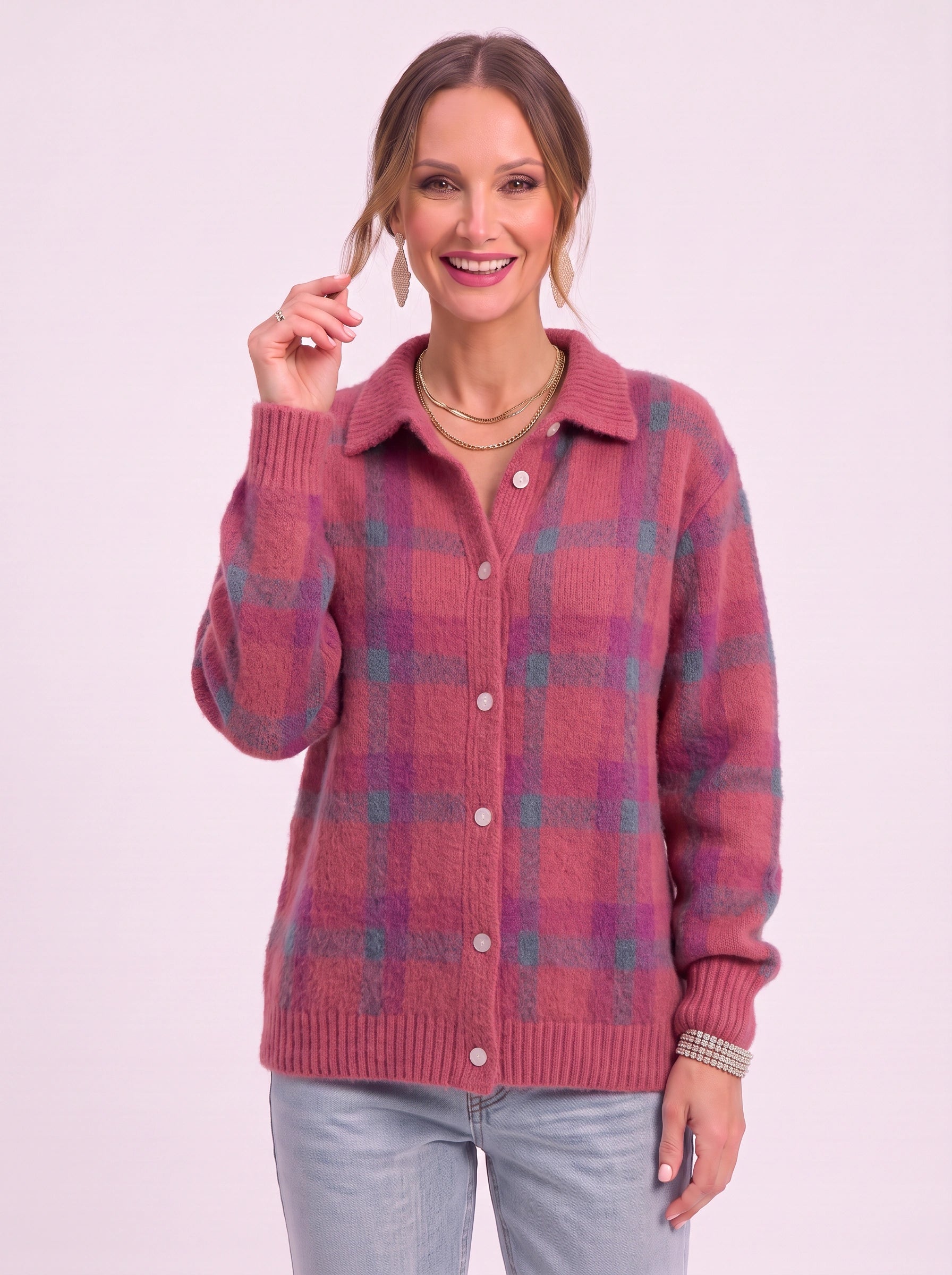 Casagrid Oversized Plaid Shirt – Knit Button Down Women Long Sleeve Casual Relaxed Fit Collared Blouse Shirt