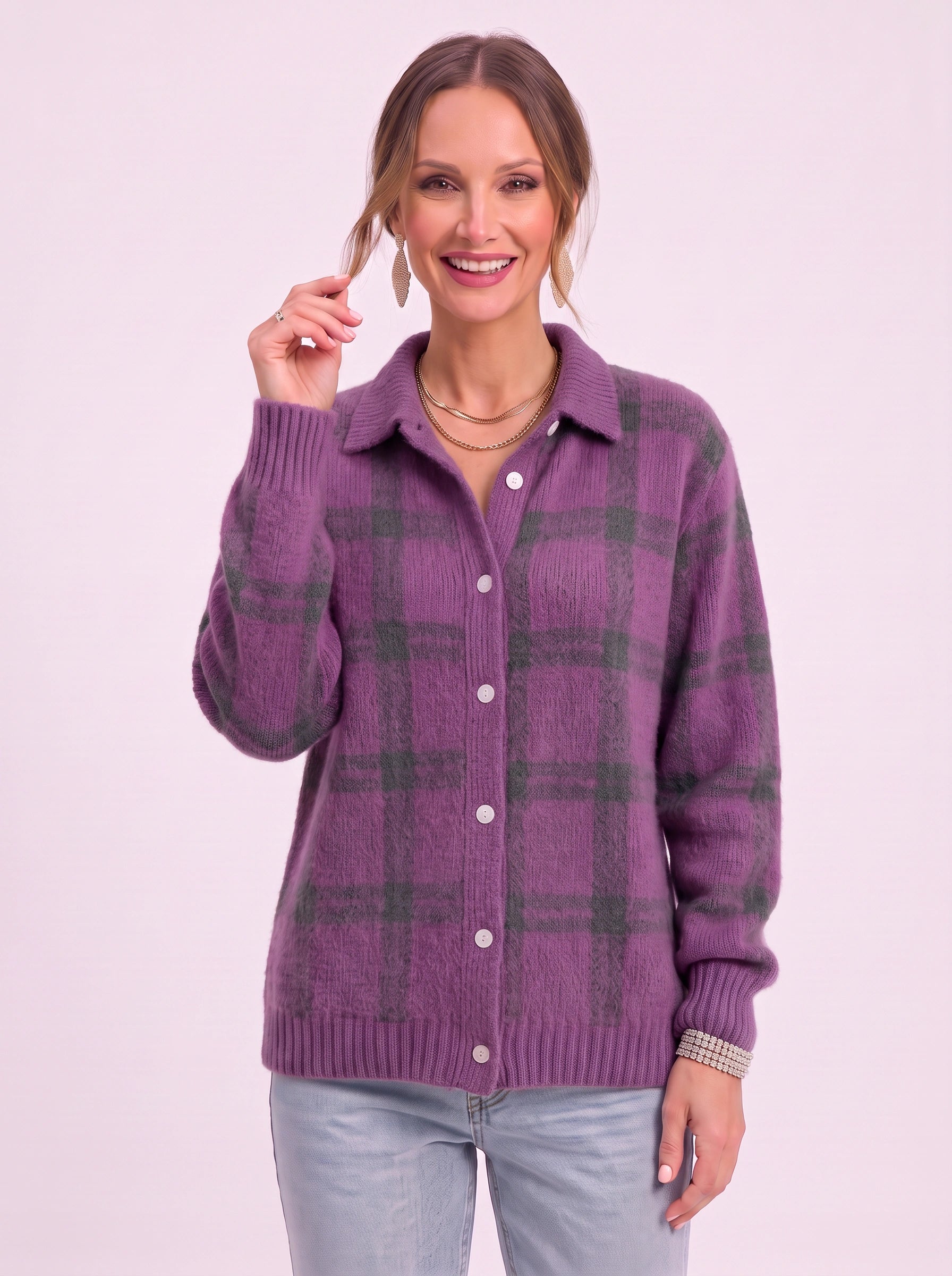 Casagrid Oversized Plaid Shirt – Knit Button Down Women Long Sleeve Casual Relaxed Fit Collared Blouse Shirt