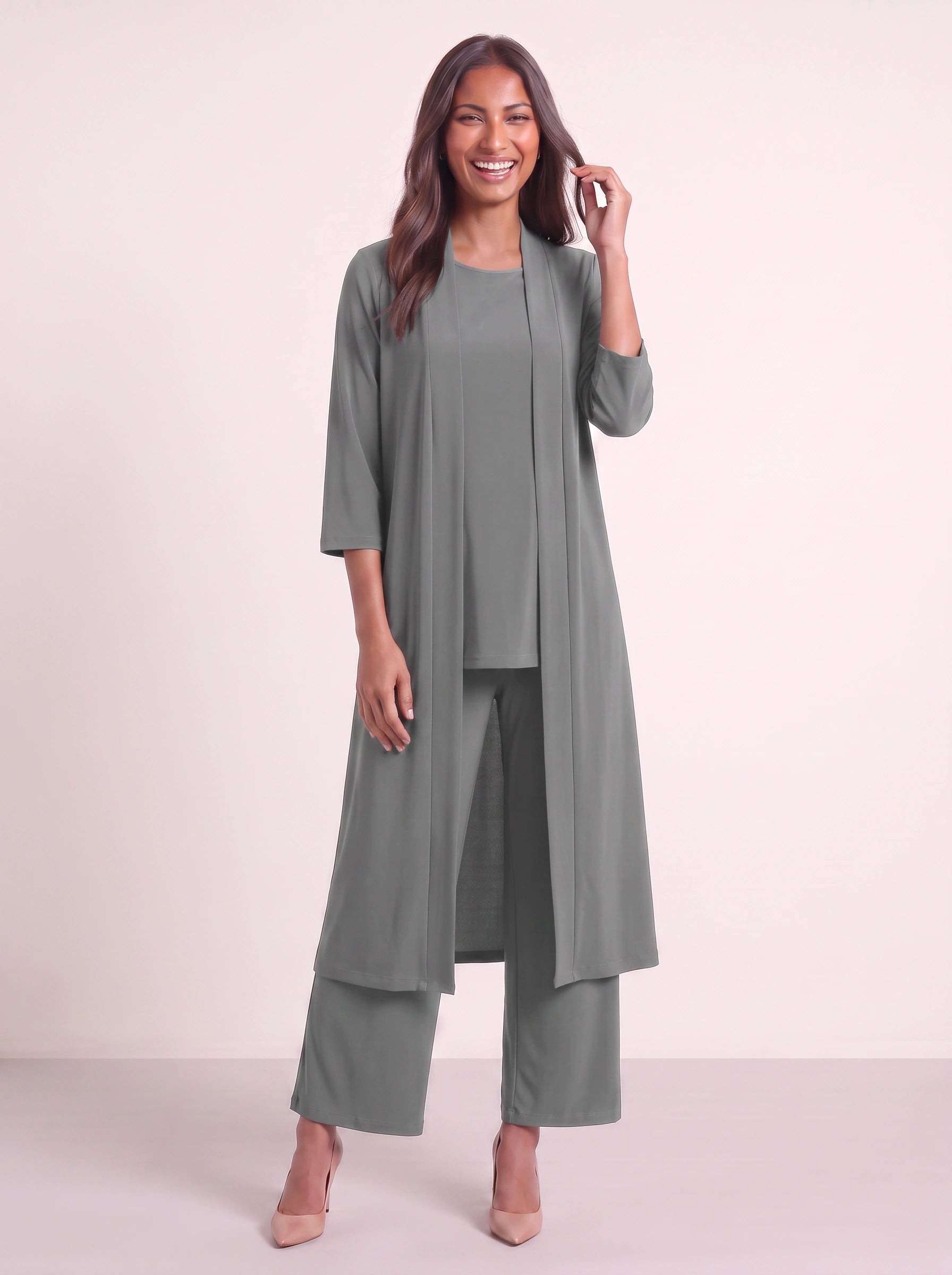 Corbyne Longline Duster Three-Piece Set – Formal Wear Women Elegant Evening Wedding Guest Wide-Leg Trouser Co-Ord