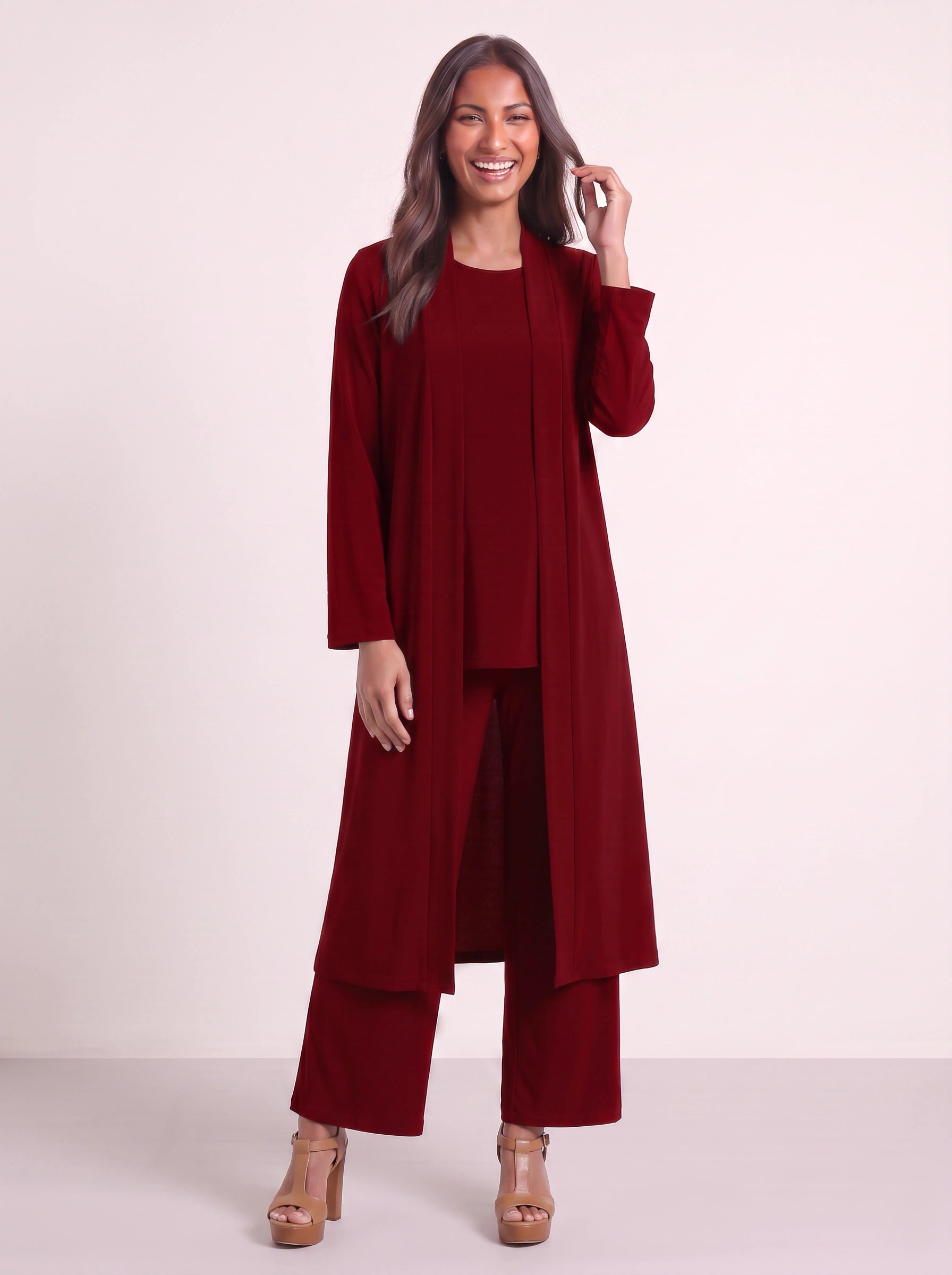 Corbyne Longline Duster Three-Piece Set – Formal Wear Women Elegant Evening Wedding Guest Wide-Leg Trouser Co-Ord
