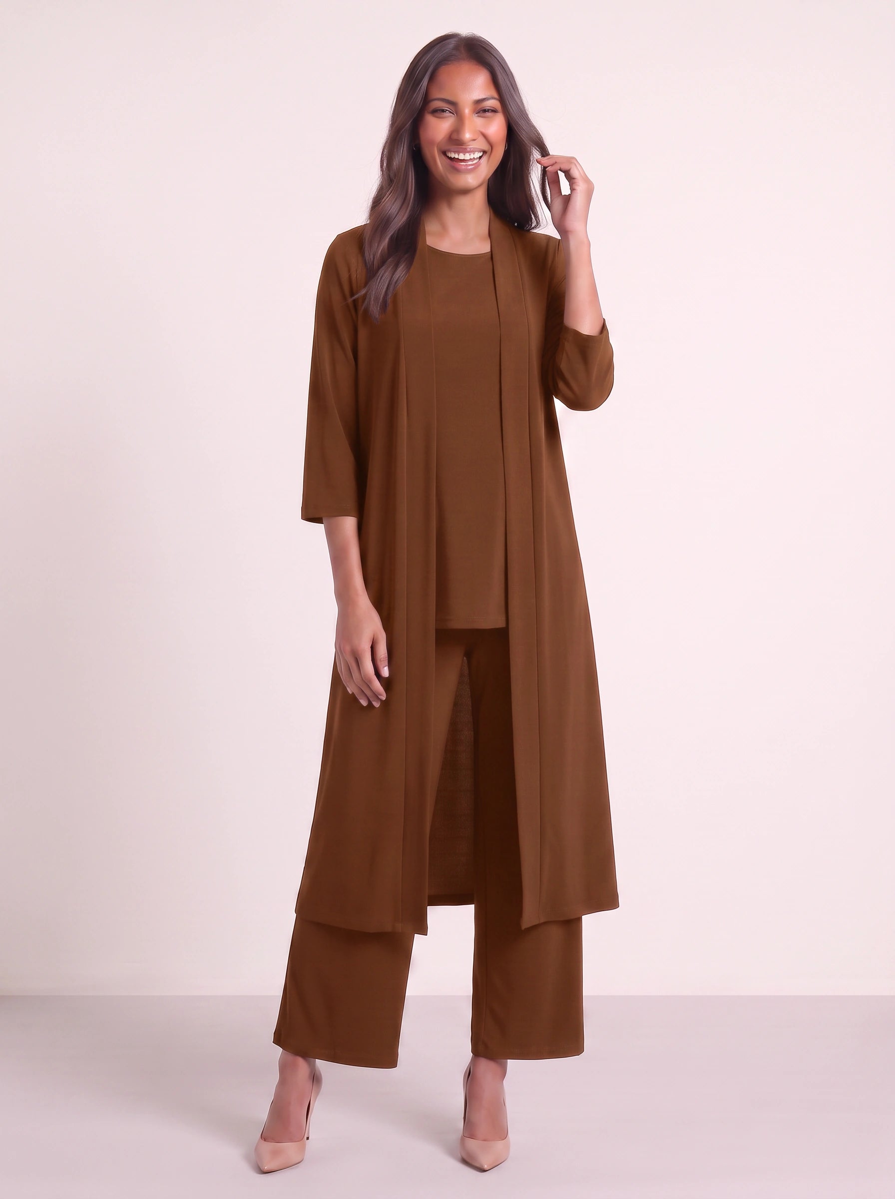 Corbyne Longline Duster Three-Piece Set – Formal Wear Women Elegant Evening Wedding Guest Wide-Leg Trouser Co-Ord