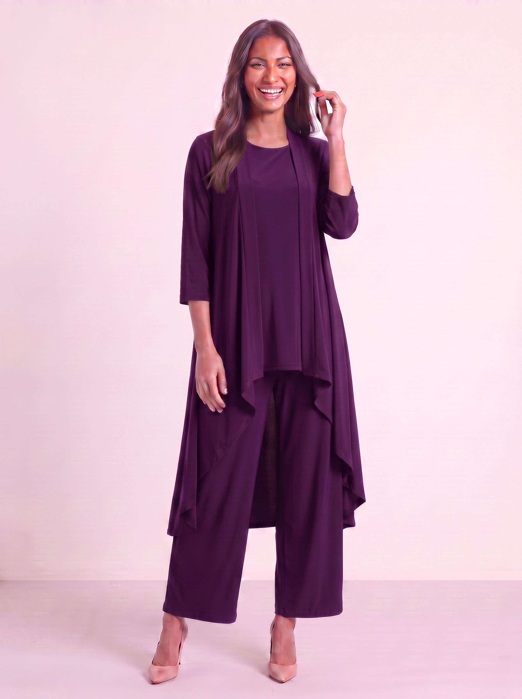 Corbyne Longline Duster Three-Piece Set – Formal Wear Women Elegant Evening Wedding Guest Wide-Leg Trouser Co-Ord
