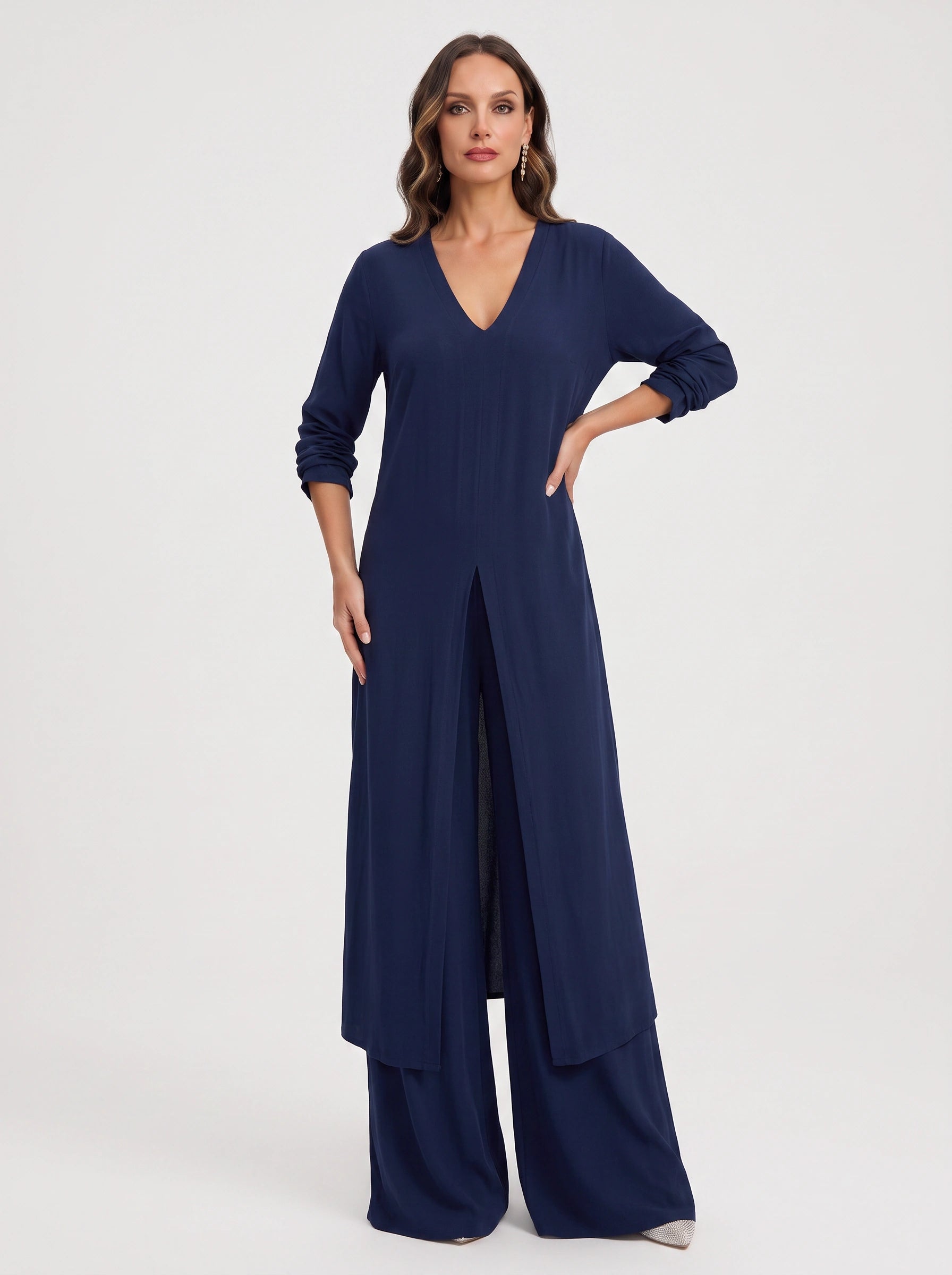Navisse V-Neck Wide-Leg Lounge Set – Women Summer Resort Casual Deep V Neck Top Co-Ord Wide Leg Pants Set