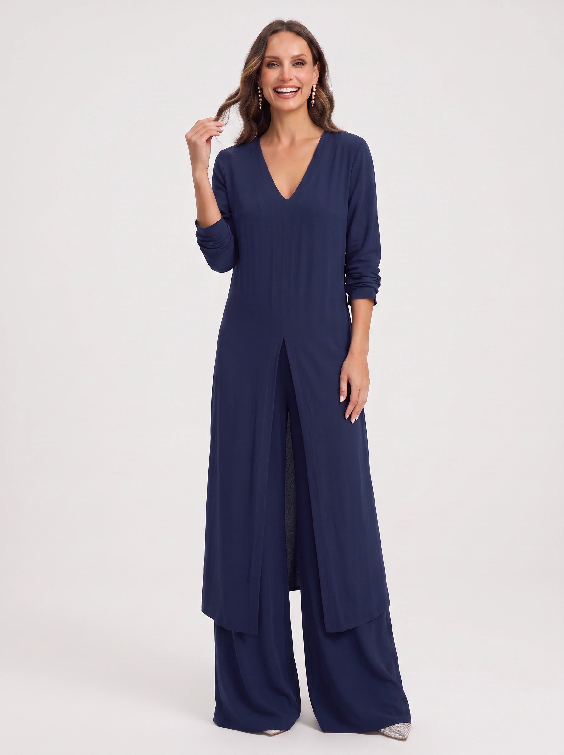 Navisse V-Neck Wide-Leg Lounge Set – Women Summer Resort Casual Deep V Neck Top Co-Ord Wide Leg Pants Set