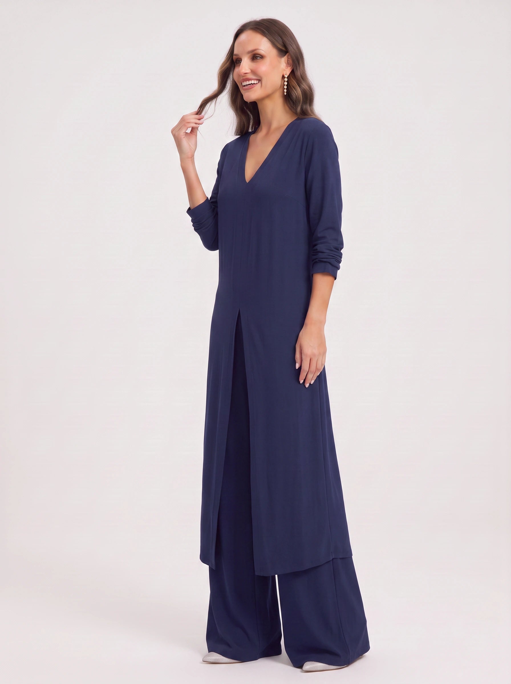 Navisse V-Neck Wide-Leg Lounge Set – Women Summer Resort Casual Deep V Neck Top Co-Ord Wide Leg Pants Set